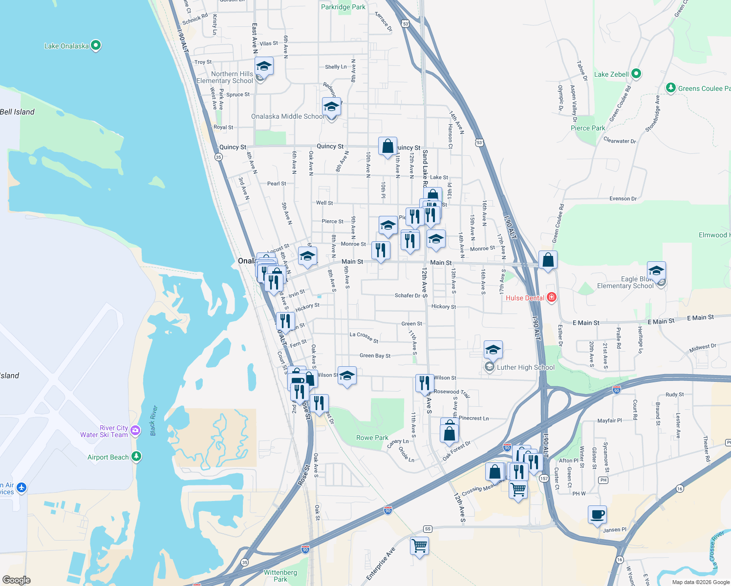map of restaurants, bars, coffee shops, grocery stores, and more near 906 Westview Circle Drive in Onalaska