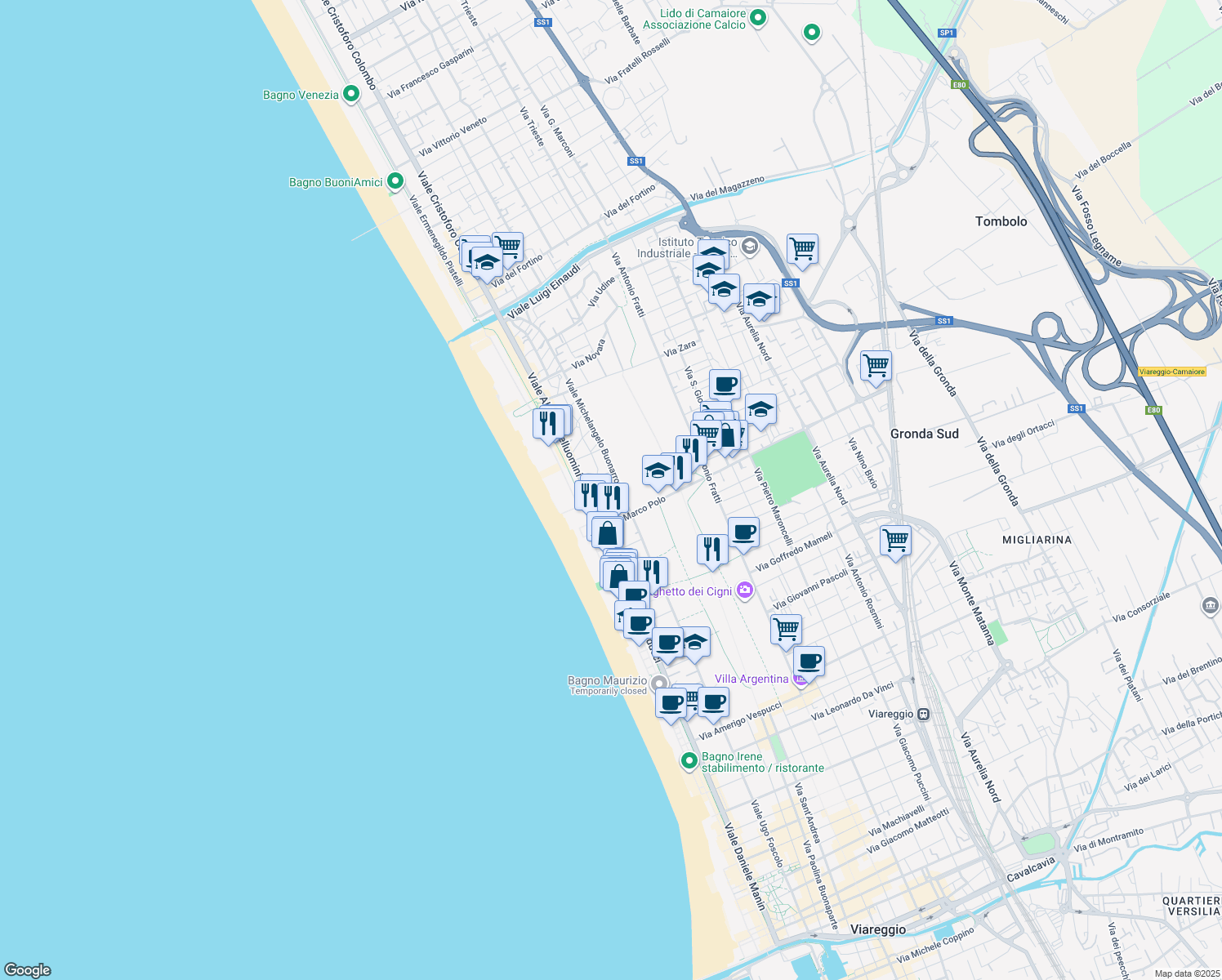 map of restaurants, bars, coffee shops, grocery stores, and more near 12 Via Alfredo Catalani in Viareggio