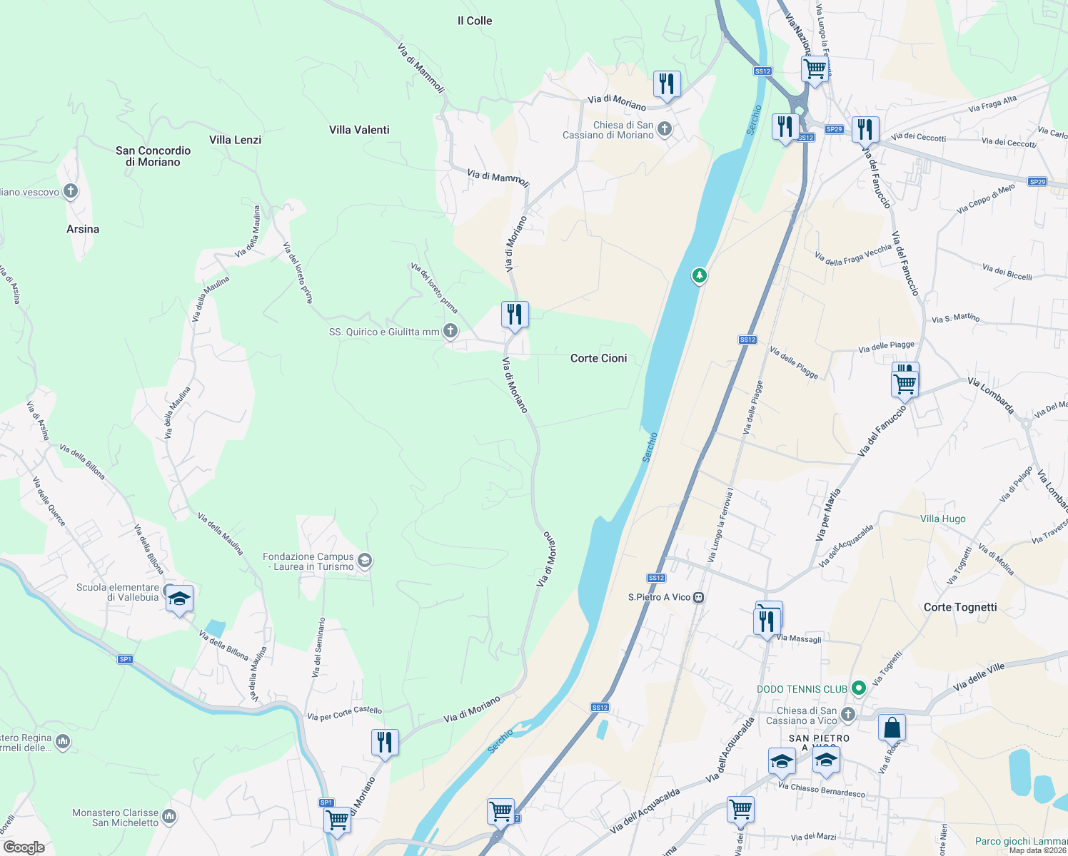 map of restaurants, bars, coffee shops, grocery stores, and more near Via di Moriano in Lucca