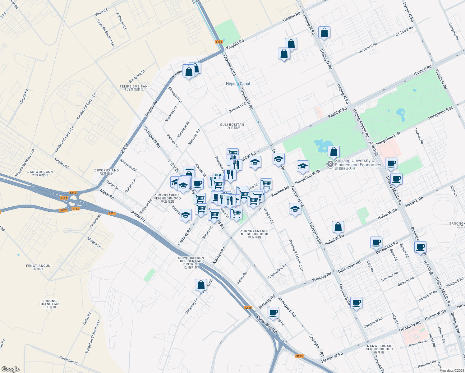 map of restaurants, bars, coffee shops, grocery stores, and more near 20 Shanghai Road in Wulumuqi Shi