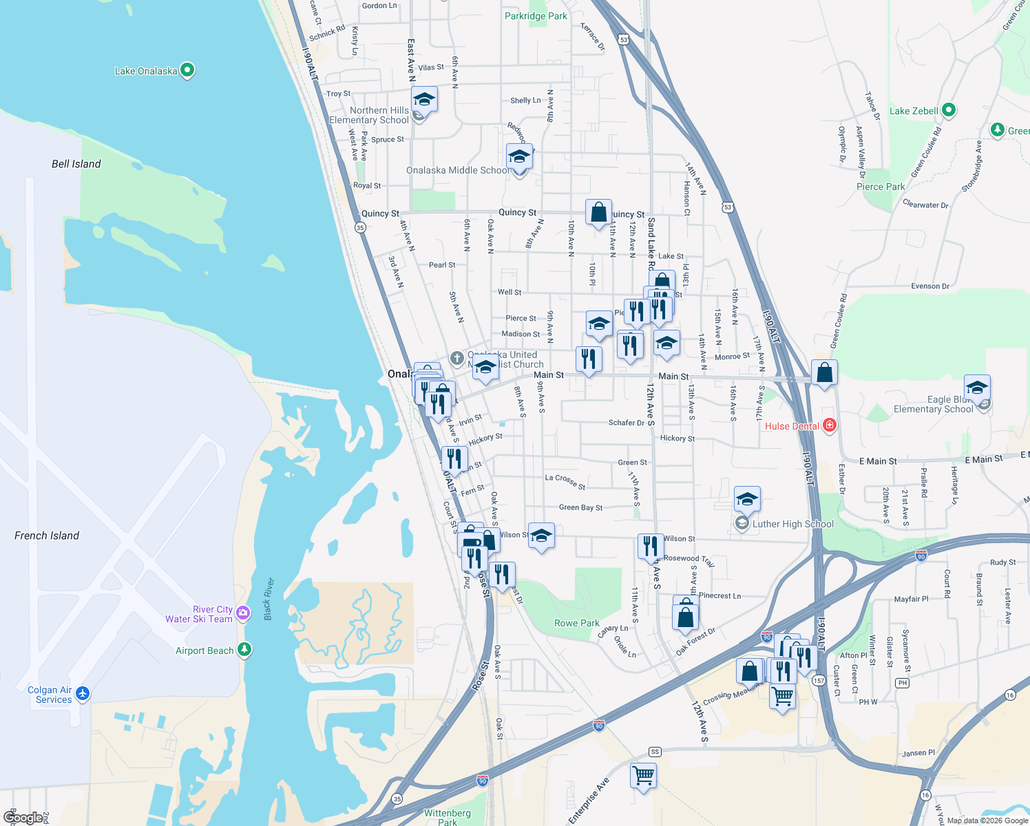 map of restaurants, bars, coffee shops, grocery stores, and more near 138 8th Avenue South in Onalaska