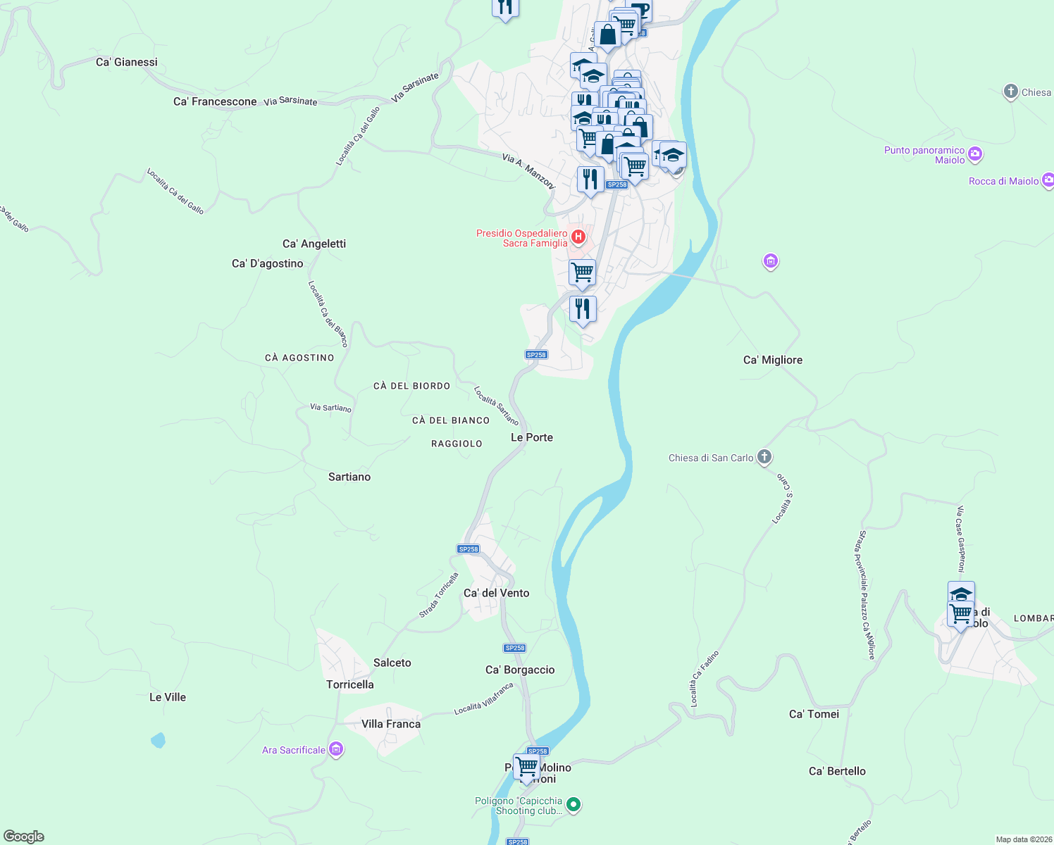 map of restaurants, bars, coffee shops, grocery stores, and more near 1A Via Sartiano in Le Porte