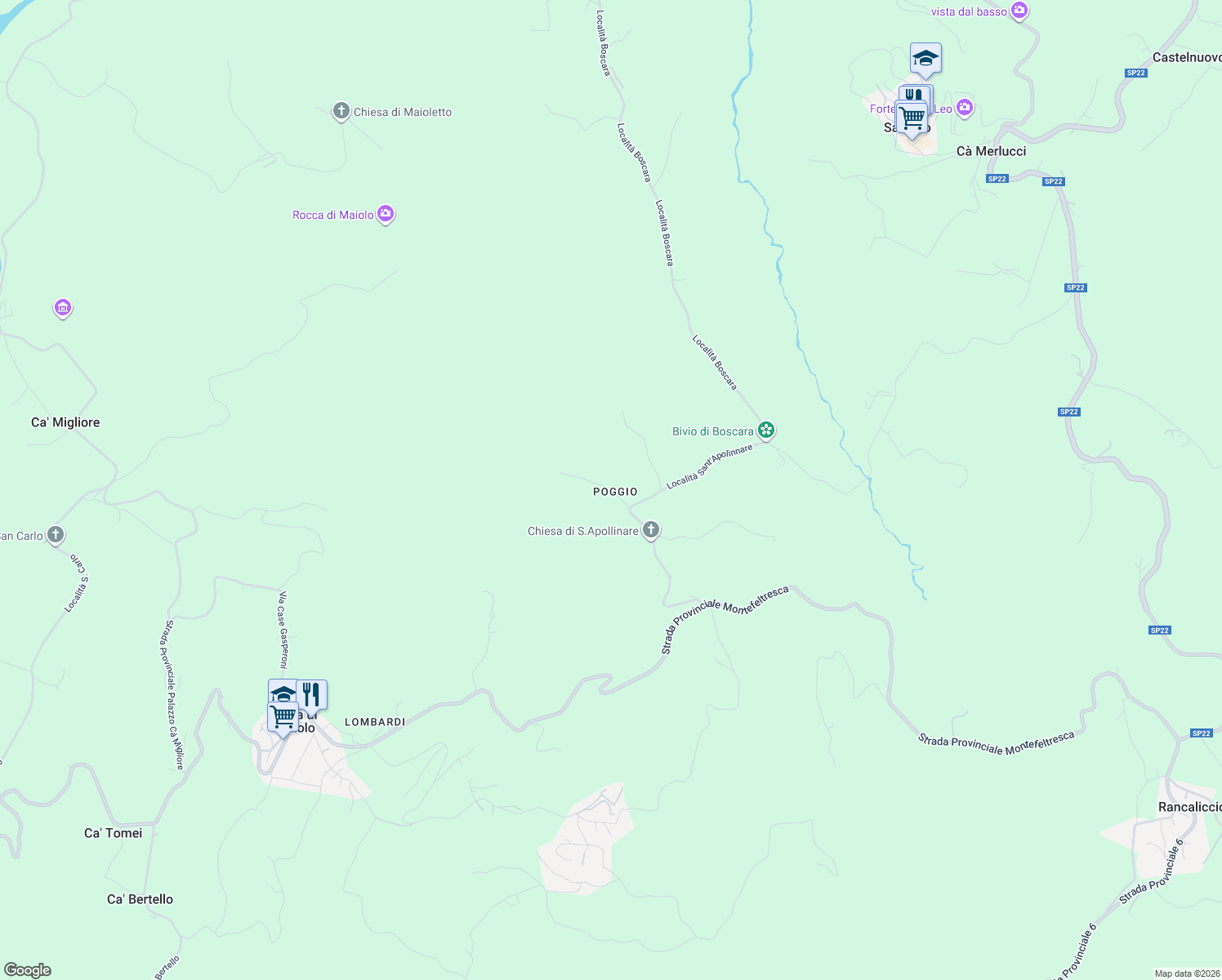 map of restaurants, bars, coffee shops, grocery stores, and more near 287/a Via Poggio in Provincia di Rimini