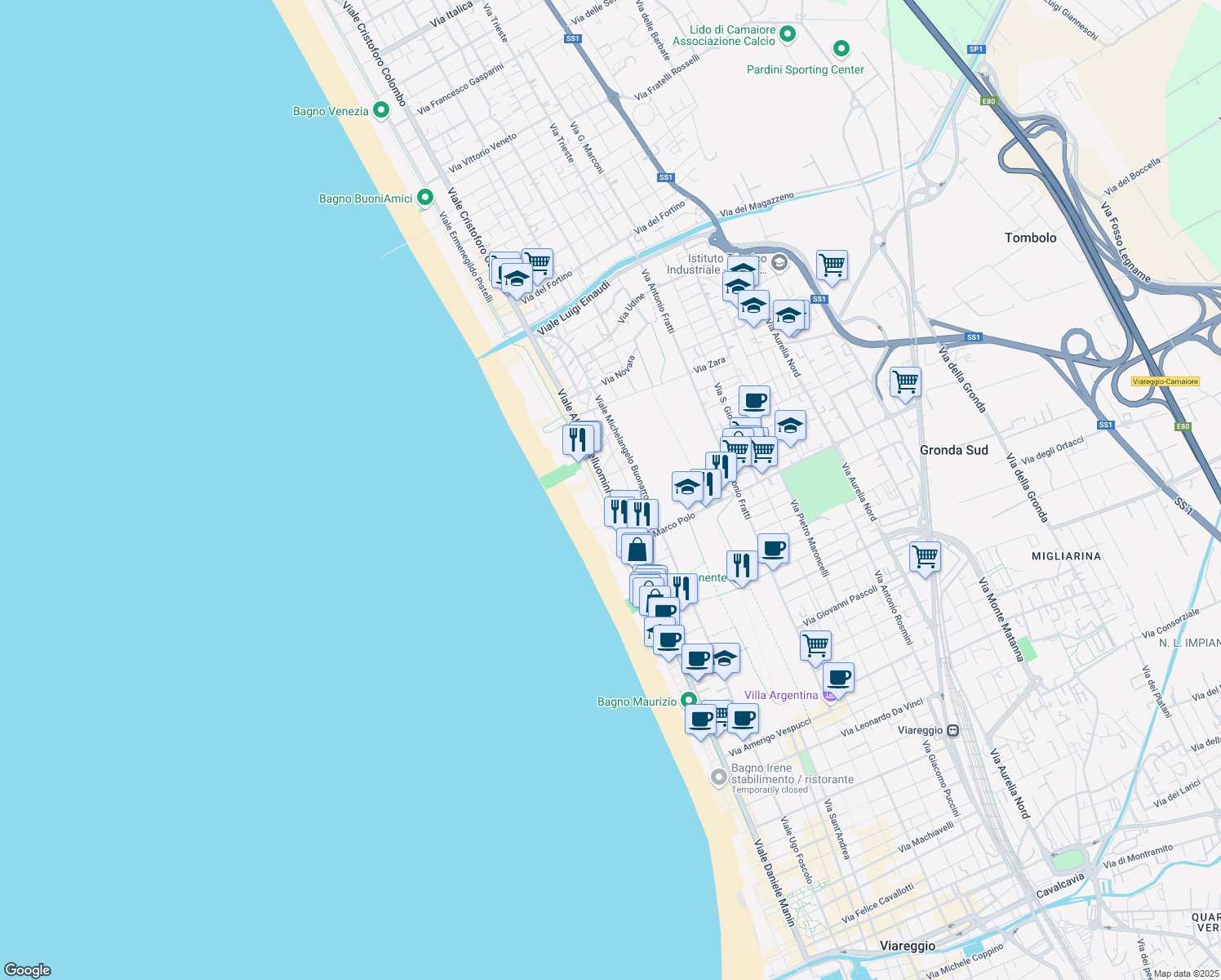 map of restaurants, bars, coffee shops, grocery stores, and more near 95 Viale Alfredo Belluomini in Viareggio
