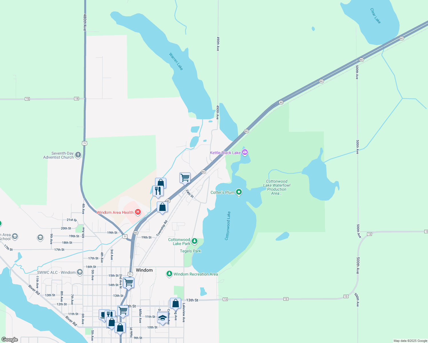 map of restaurants, bars, coffee shops, grocery stores, and more near 2655 Cottonwood Lake Drive in Windom
