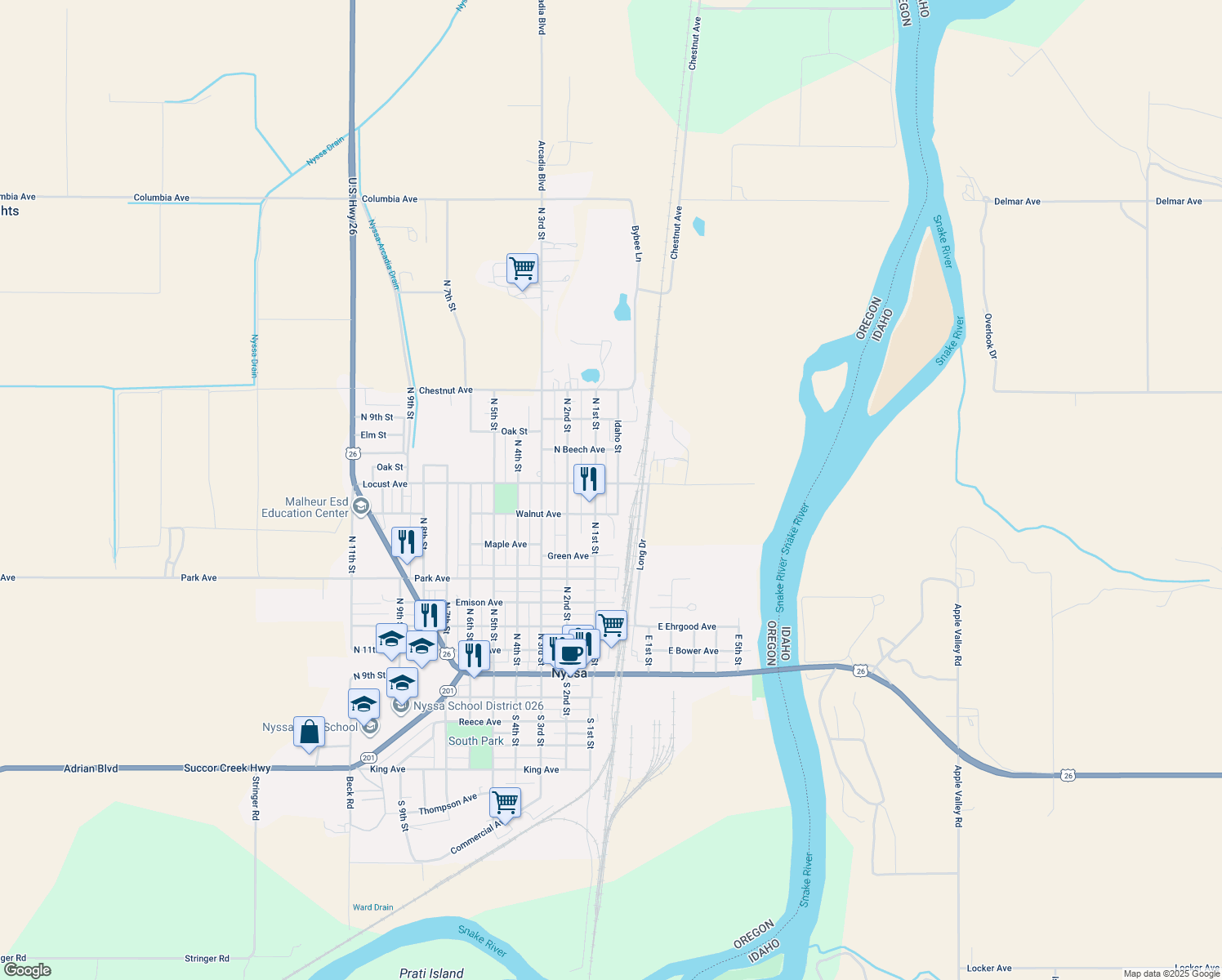 map of restaurants, bars, coffee shops, grocery stores, and more near 51 Locust Avenue in Nyssa