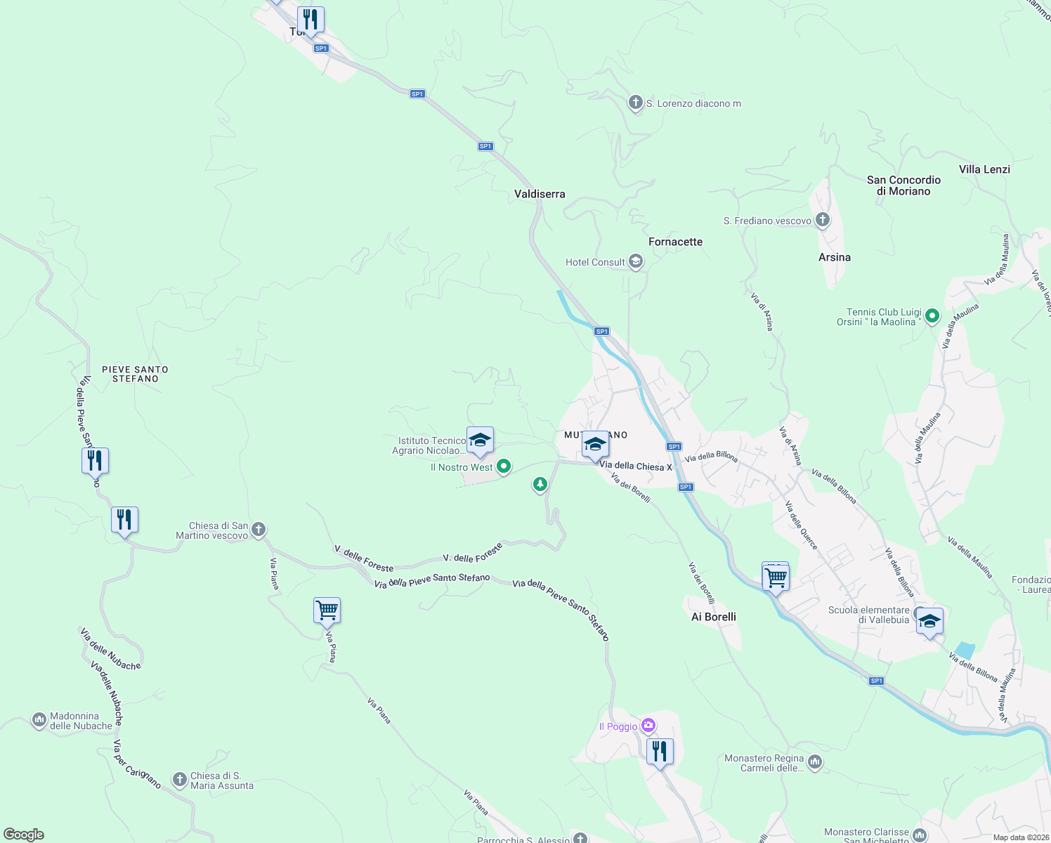 map of restaurants, bars, coffee shops, grocery stores, and more near 245 Via di Mutigliano in Lucca