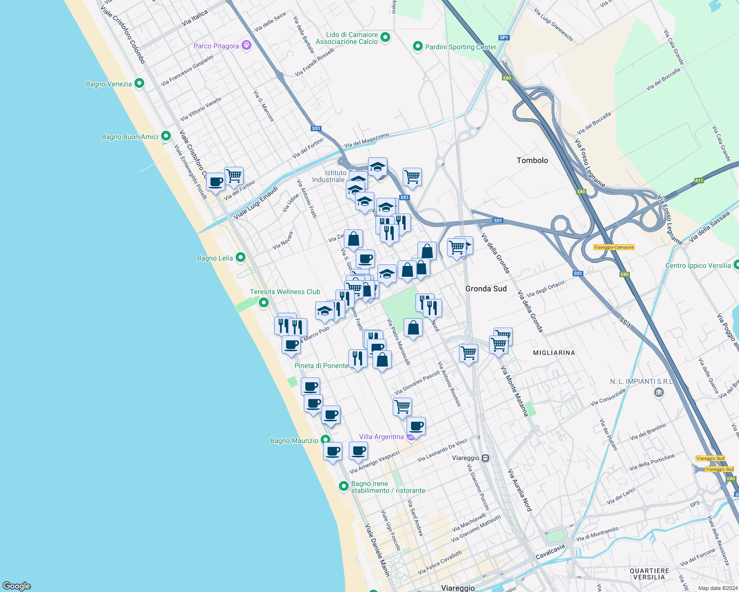 map of restaurants, bars, coffee shops, grocery stores, and more near 50 Via San Carlo Borromeo in Viareggio