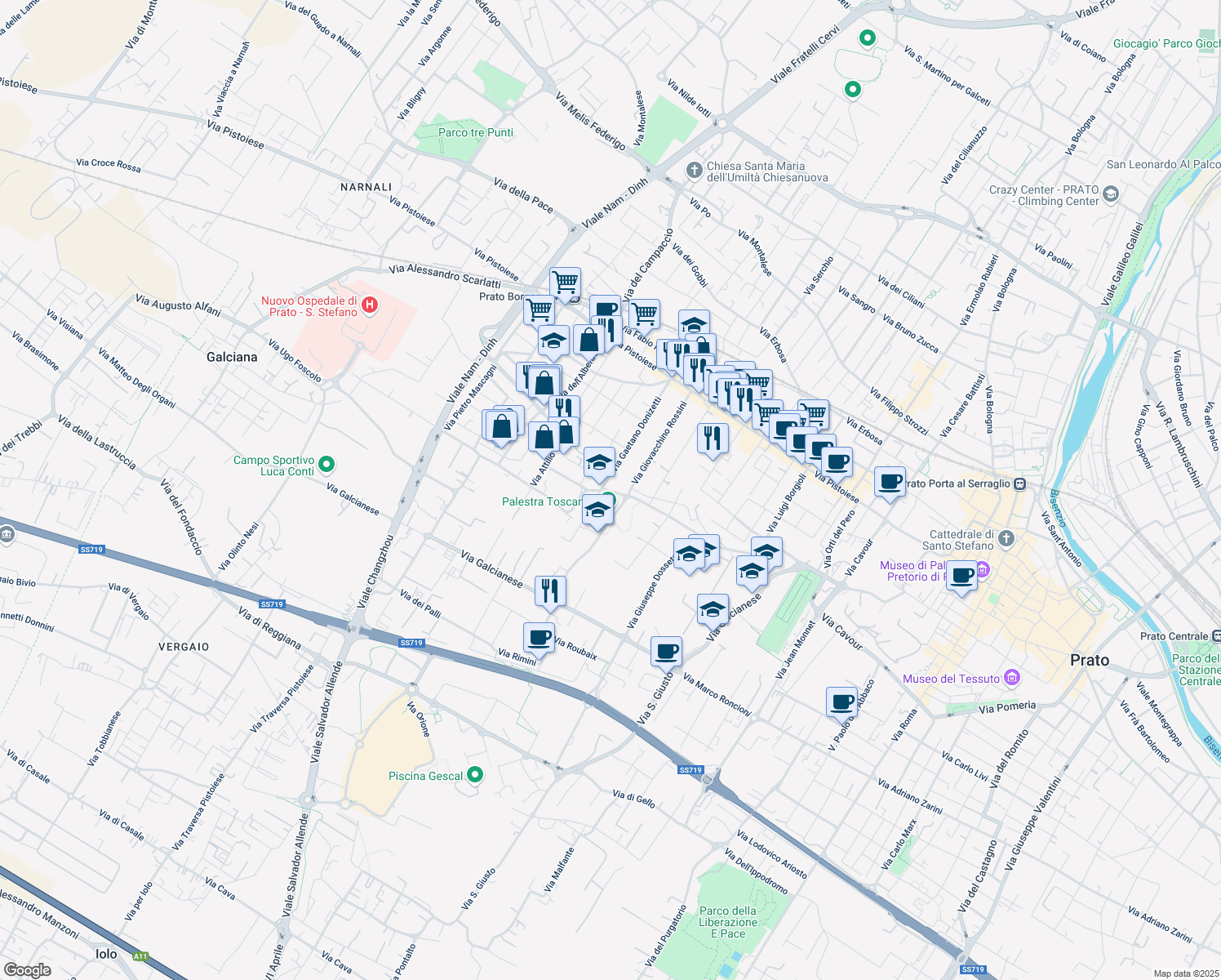 map of restaurants, bars, coffee shops, grocery stores, and more near 141 Via San Paolo in Prato