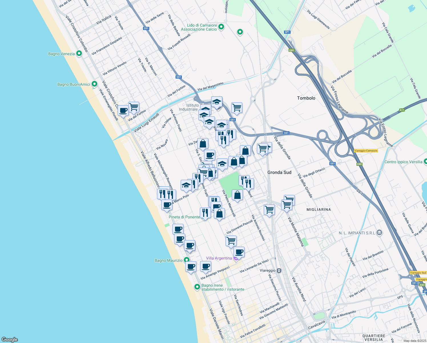 map of restaurants, bars, coffee shops, grocery stores, and more near 50 Via San Carlo Borromeo in Viareggio