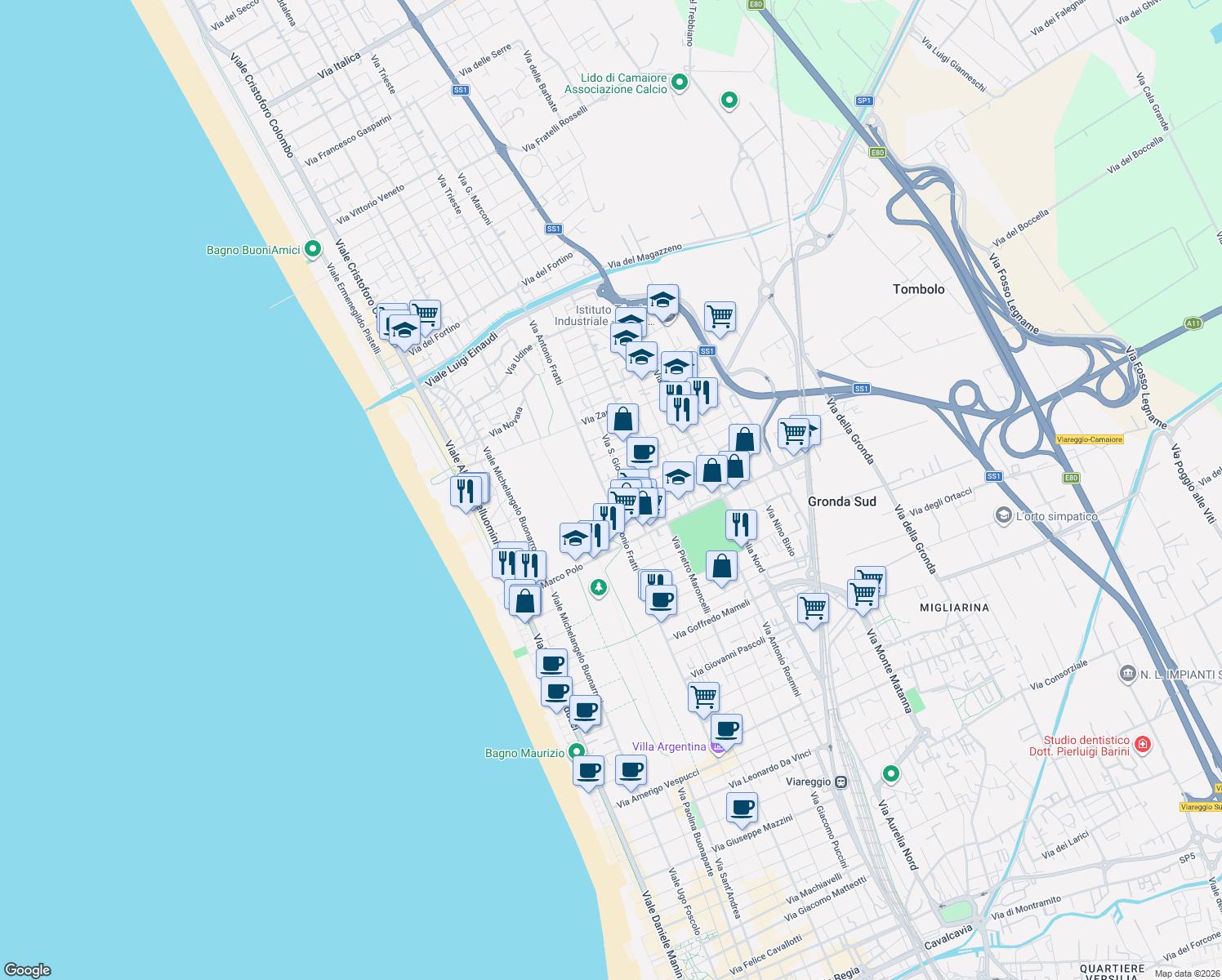 map of restaurants, bars, coffee shops, grocery stores, and more near 22 Via Pier Luigi da Palestrina in Viareggio