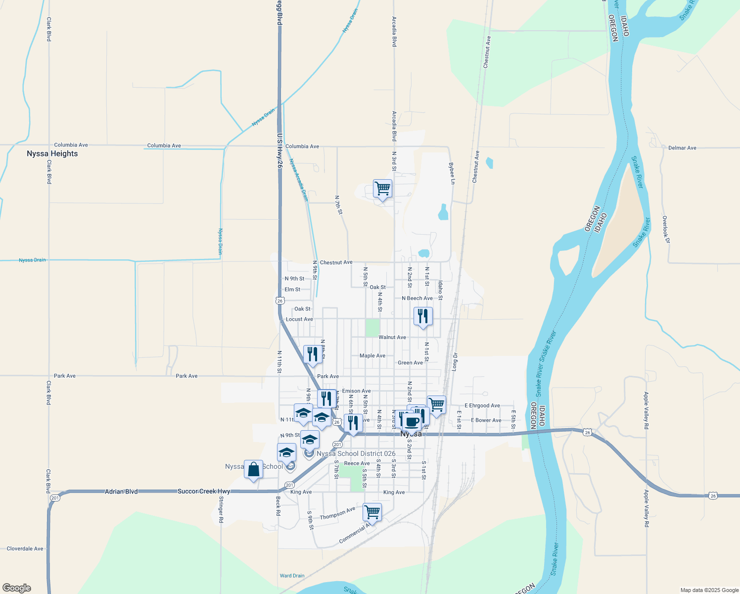 map of restaurants, bars, coffee shops, grocery stores, and more near 710 N 5th St in Nyssa