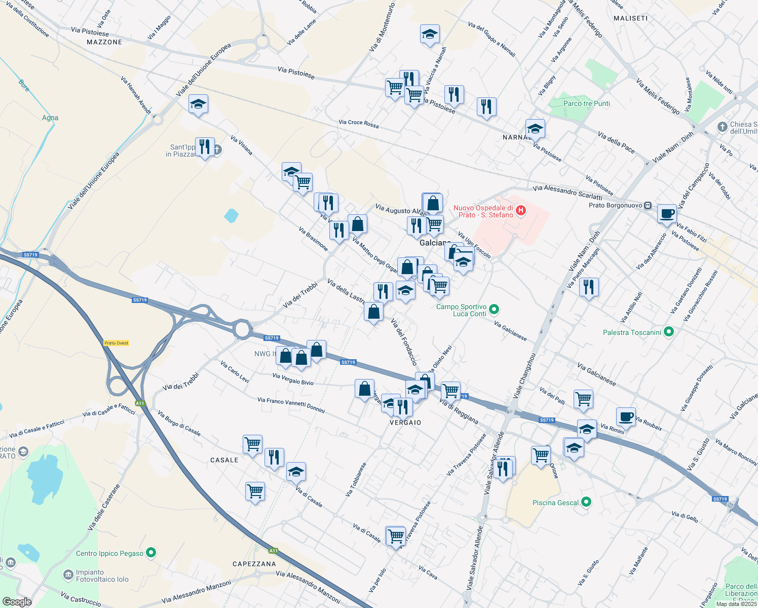 map of restaurants, bars, coffee shops, grocery stores, and more near 1 Via del Fondaccio in Prato