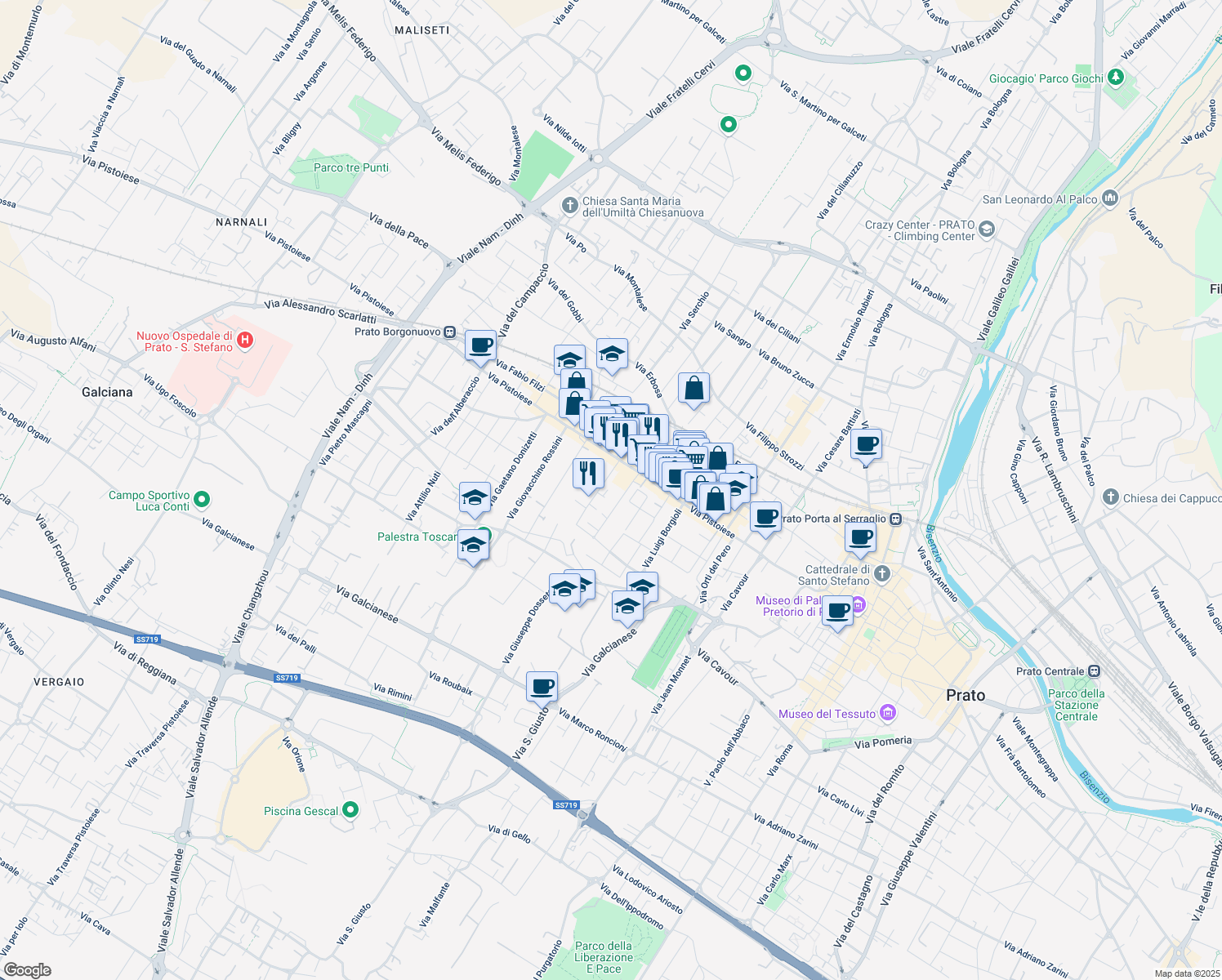 map of restaurants, bars, coffee shops, grocery stores, and more near 33 Via Giovanni Castagnoli in Prato