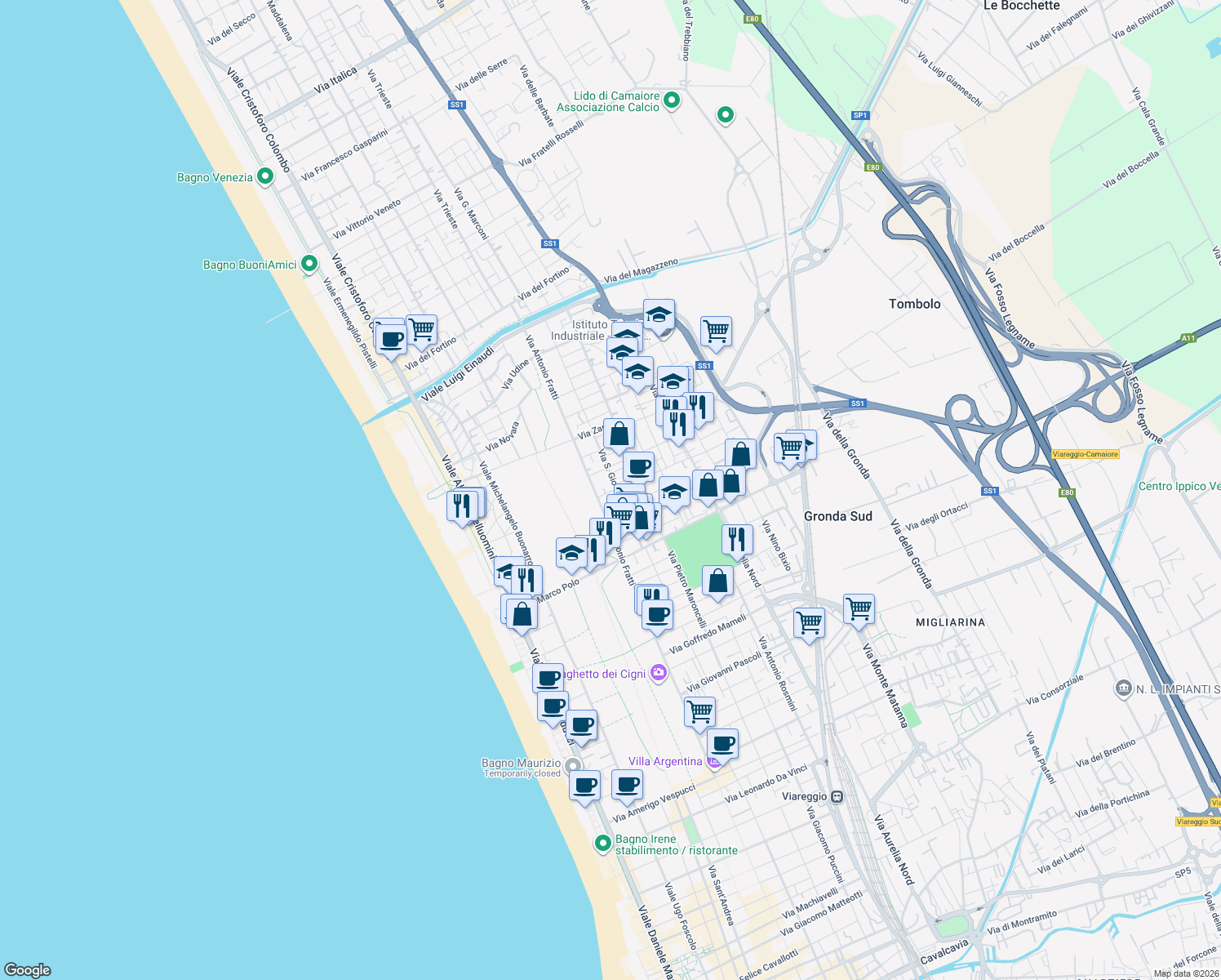 map of restaurants, bars, coffee shops, grocery stores, and more near 22 Via Pier Luigi da Palestrina in Viareggio
