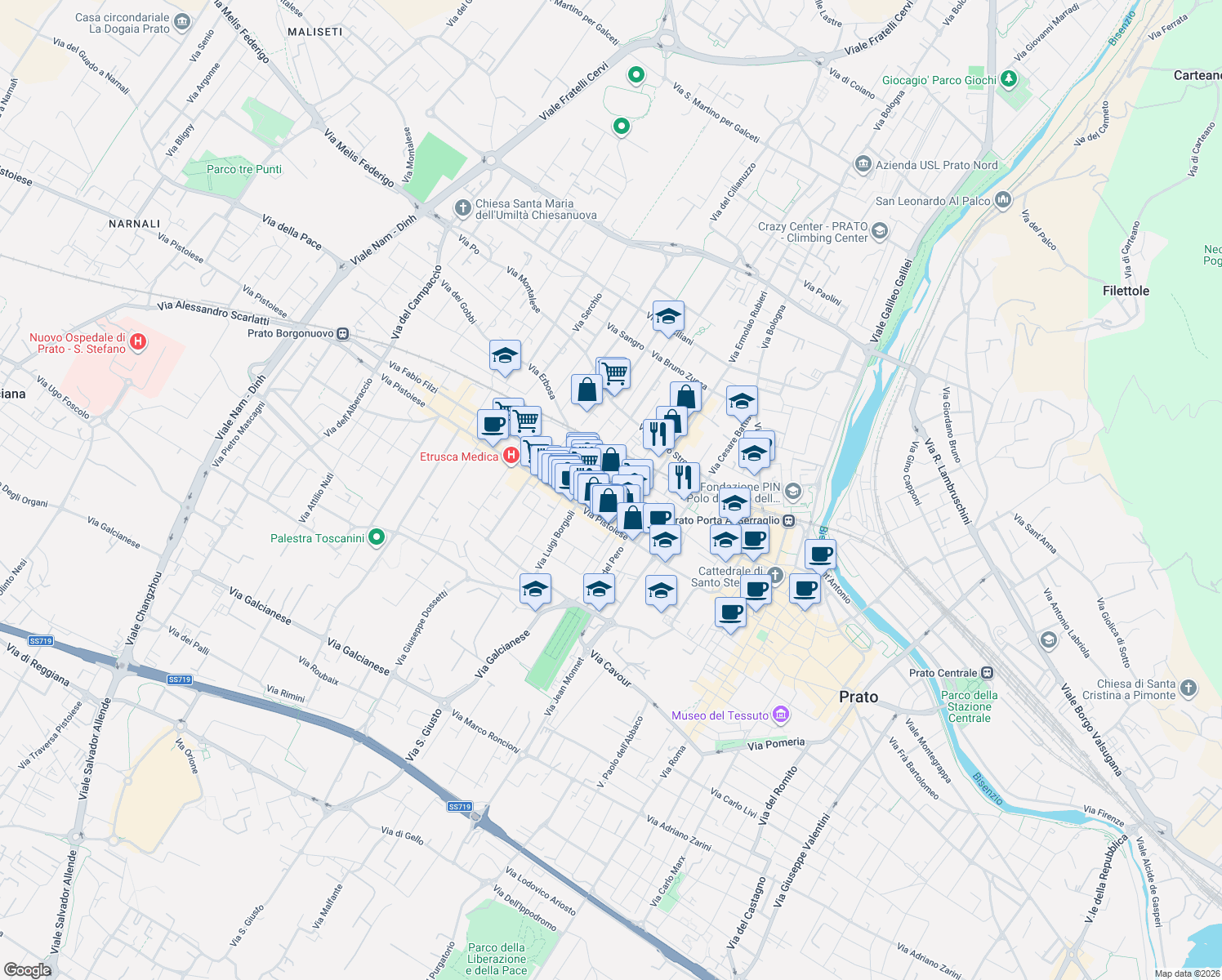 map of restaurants, bars, coffee shops, grocery stores, and more near 22 Via Fabio Filzi in Prato