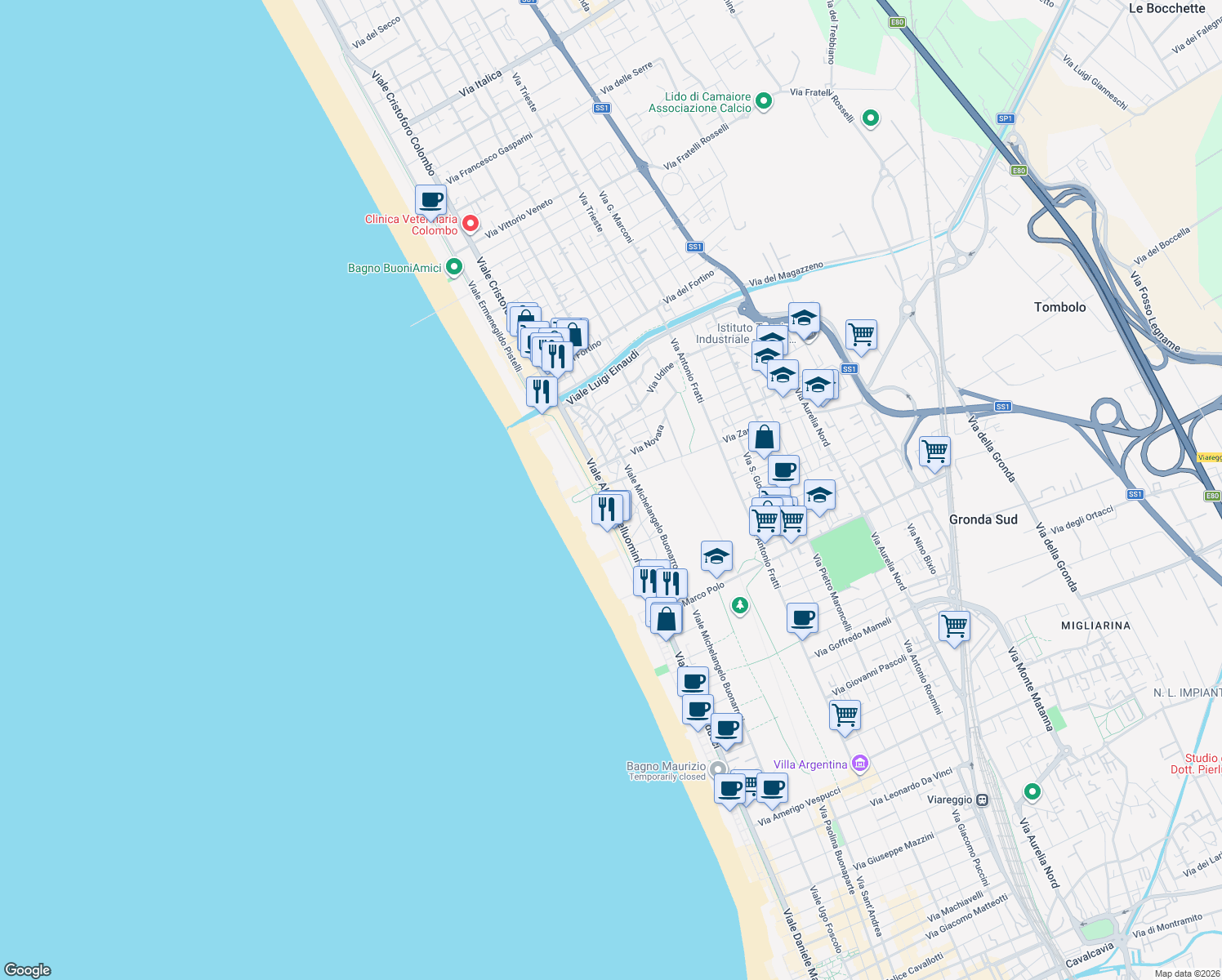 map of restaurants, bars, coffee shops, grocery stores, and more near 8 Viale Alfredo Belluomini in Viareggio