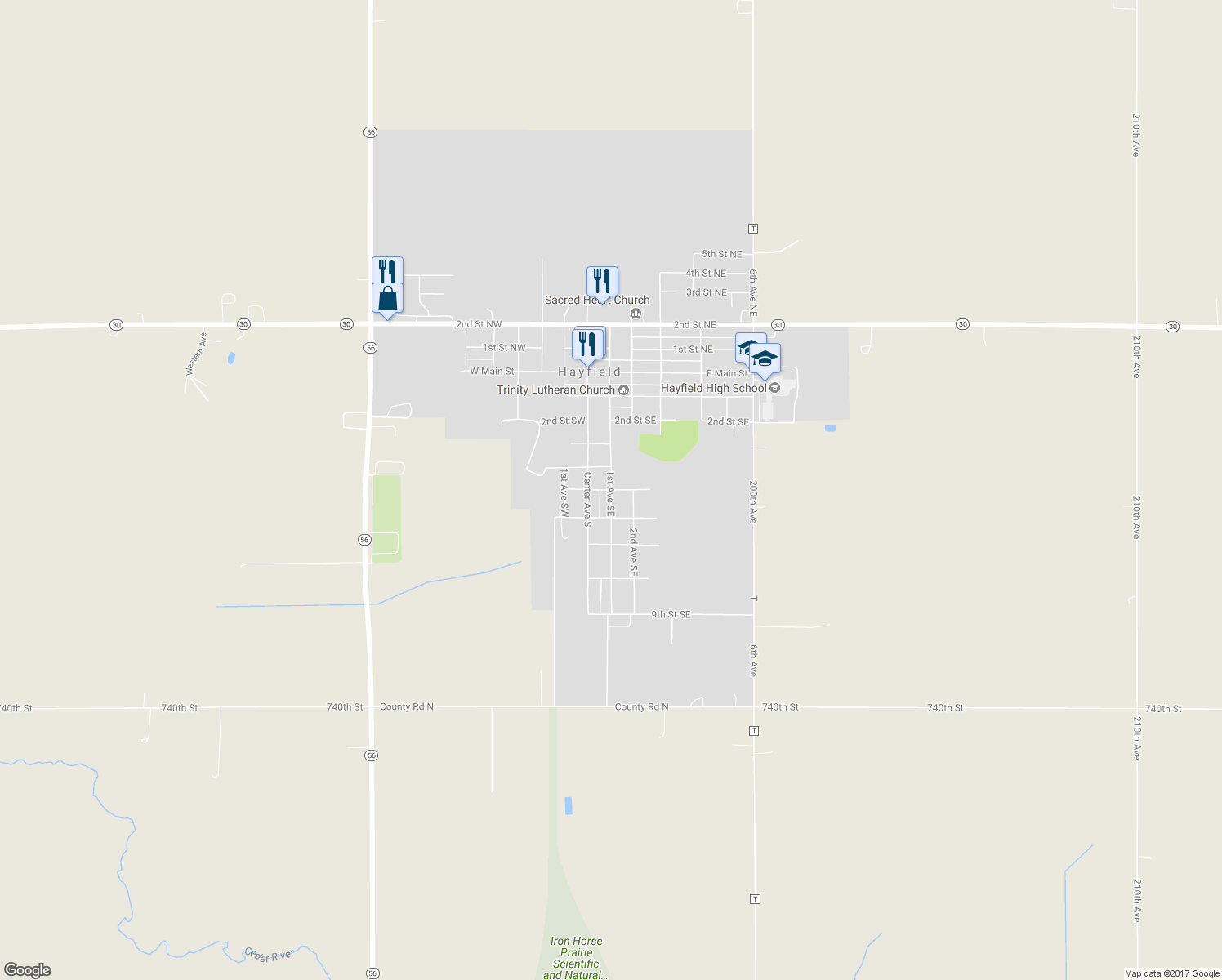 map of restaurants, bars, coffee shops, grocery stores, and more near 498 1st Avenue Southeast in Hayfield