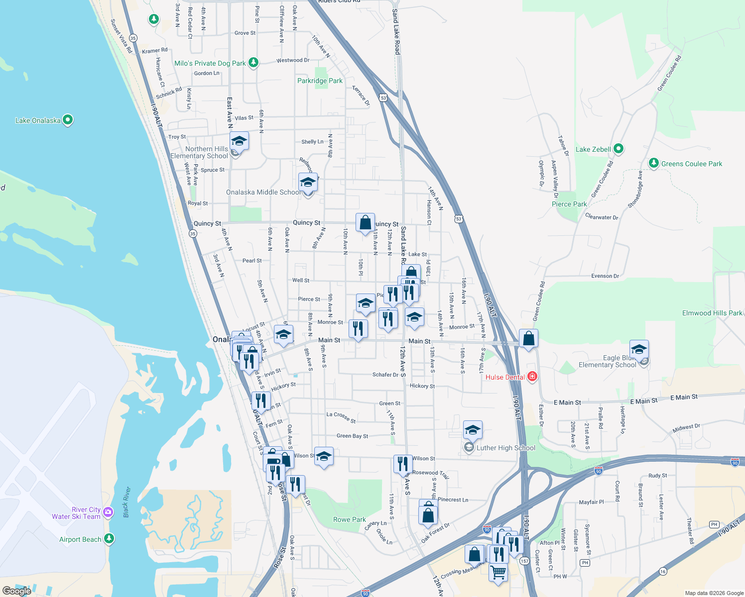 map of restaurants, bars, coffee shops, grocery stores, and more near 321 11th Avenue North in Onalaska
