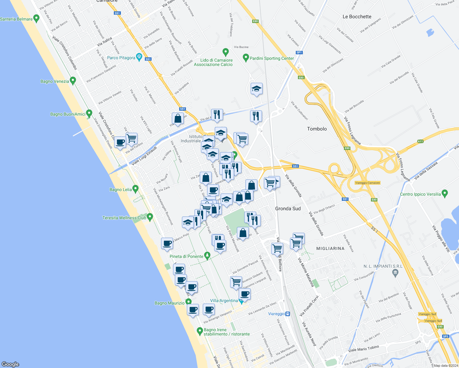 map of restaurants, bars, coffee shops, grocery stores, and more near 105 Via Pier Luigi da Palestrina in Viareggio