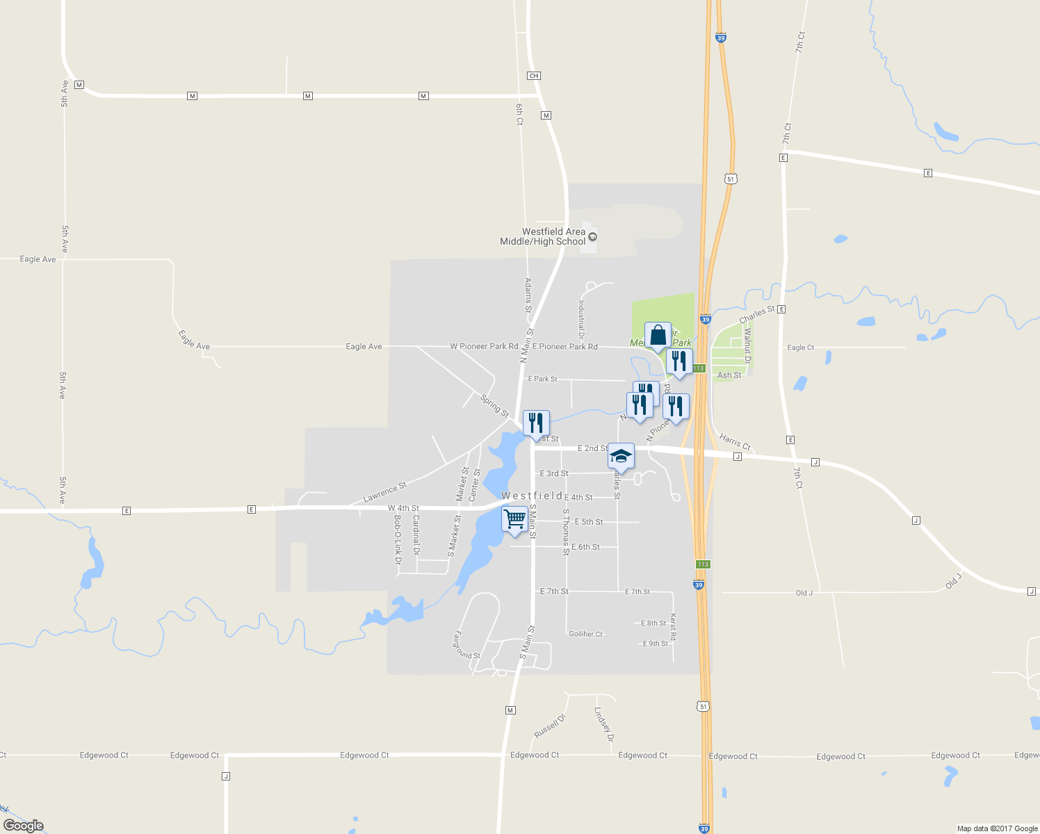 map of restaurants, bars, coffee shops, grocery stores, and more near 250 North Main Street in Westfield