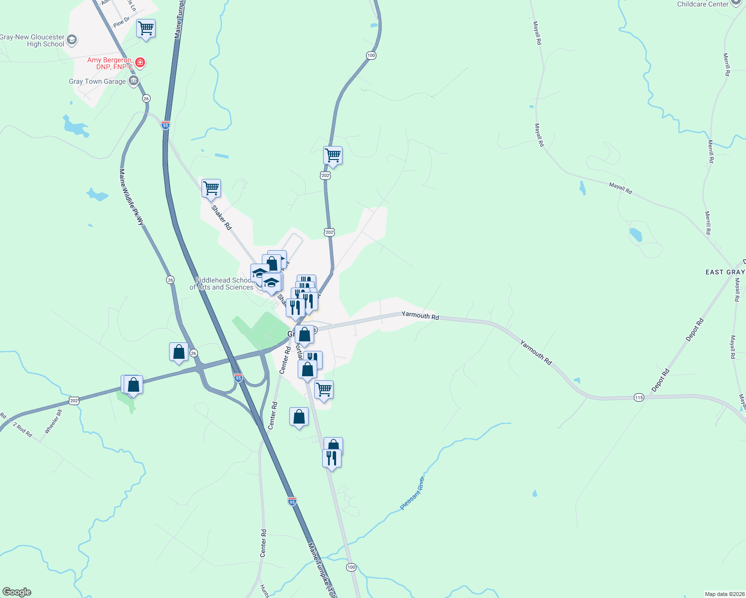 map of restaurants, bars, coffee shops, grocery stores, and more near 29 Yarmouth Rd in Gray