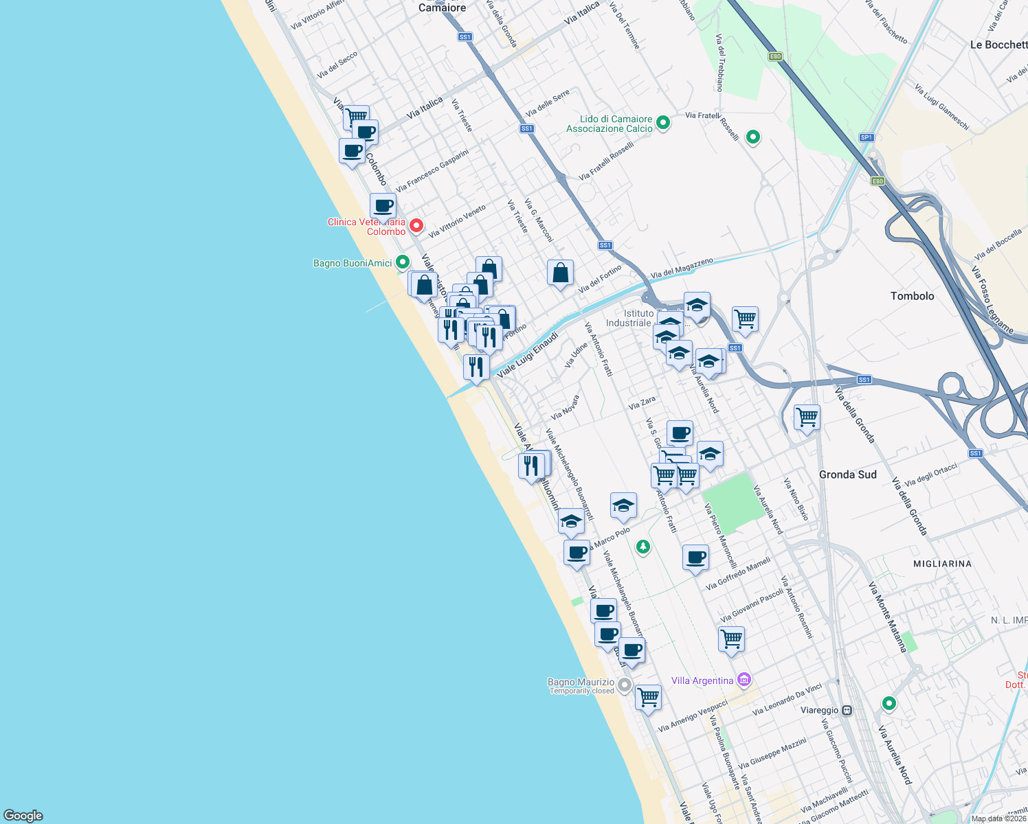 map of restaurants, bars, coffee shops, grocery stores, and more near 15 Viale Alfredo Belluomini in Viareggio