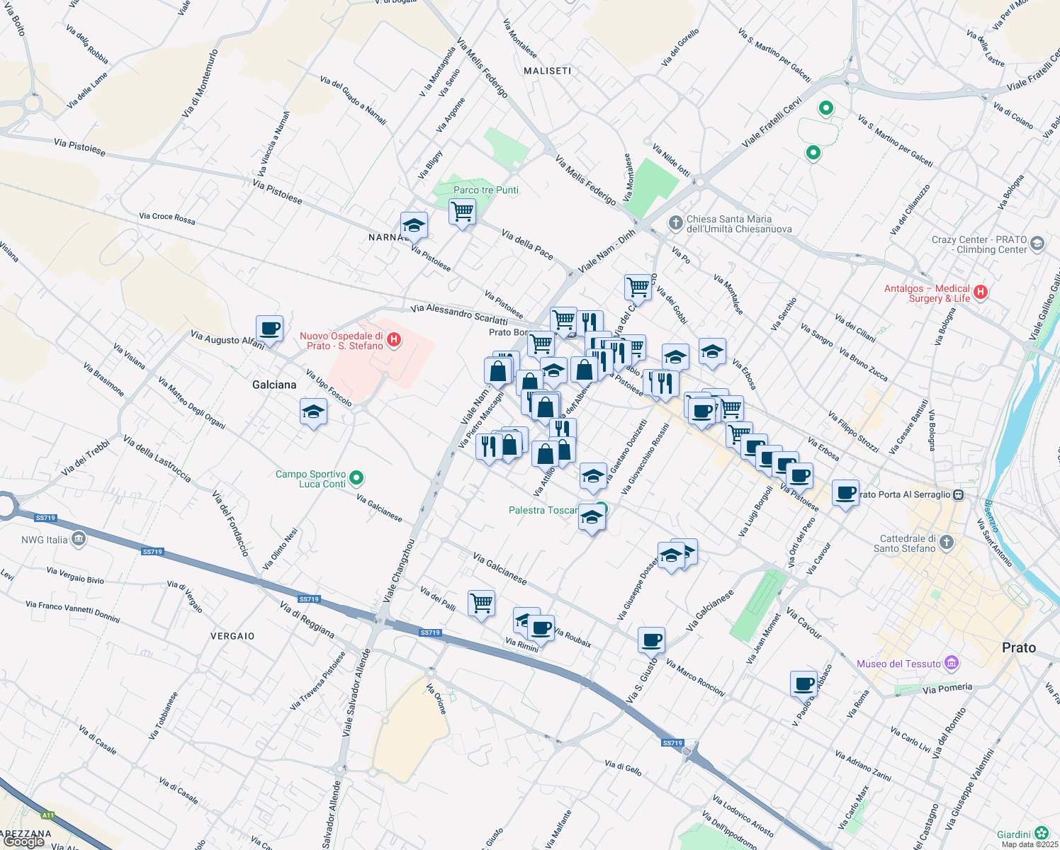 map of restaurants, bars, coffee shops, grocery stores, and more near 68 Via Antonio Vivaldi in Prato