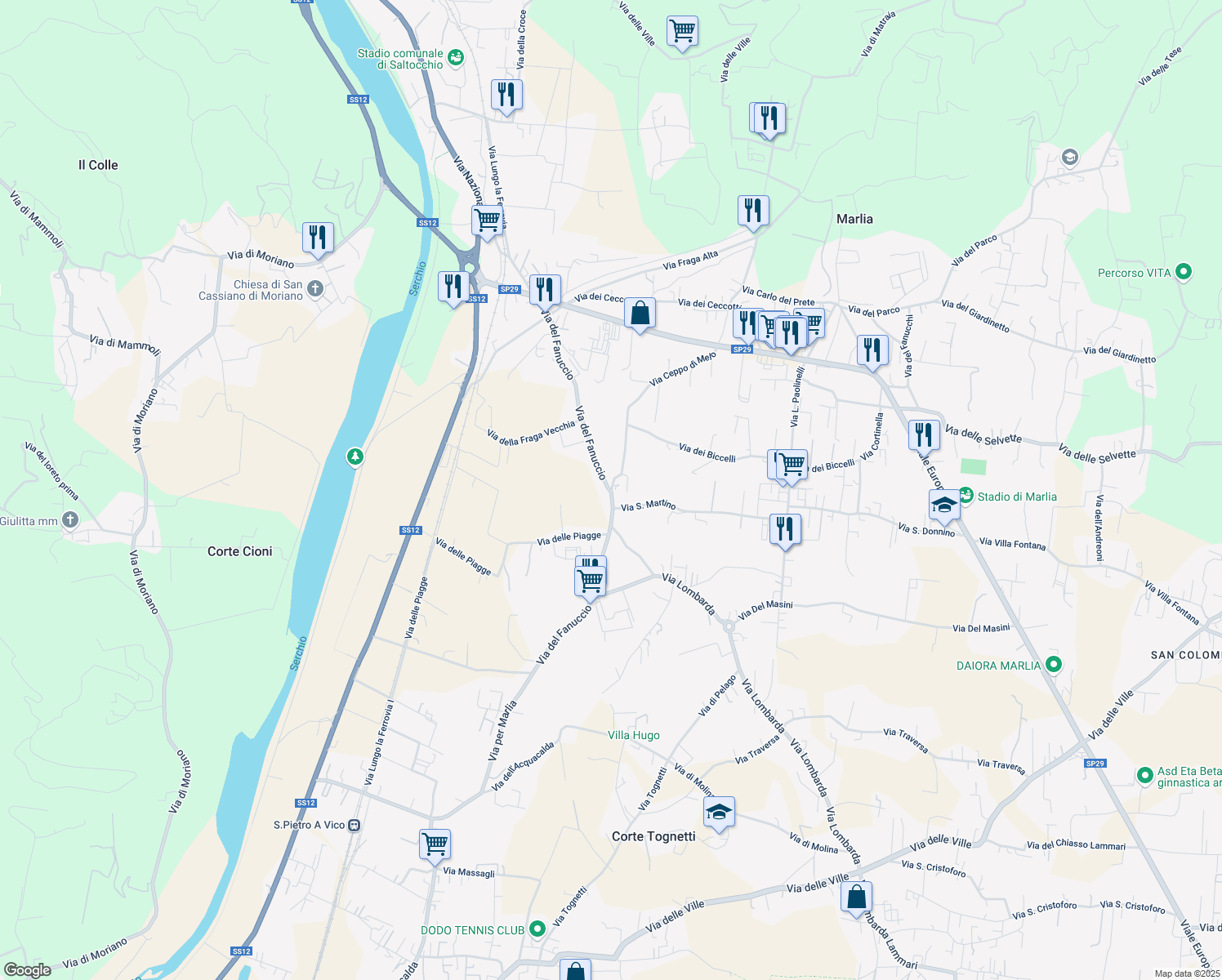 map of restaurants, bars, coffee shops, grocery stores, and more near 1 Via Ceppo di Melo in Marlia