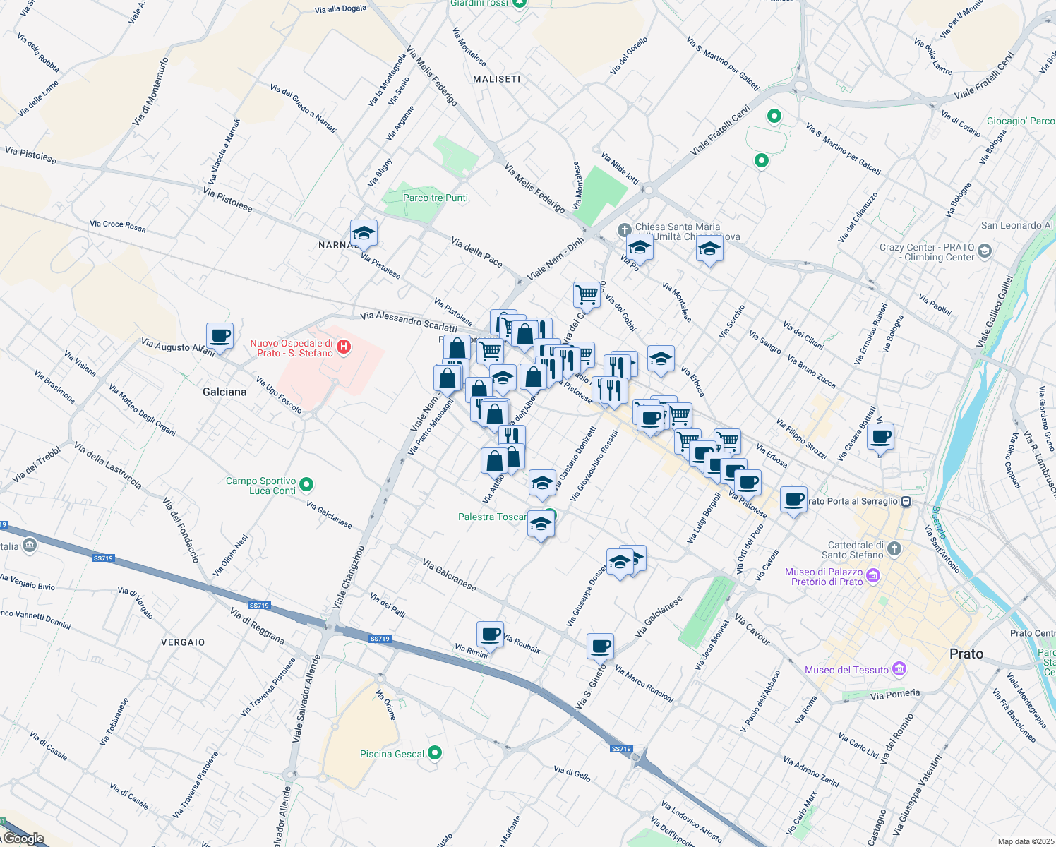 map of restaurants, bars, coffee shops, grocery stores, and more near 57 Via Giuseppe Becherini in Prato