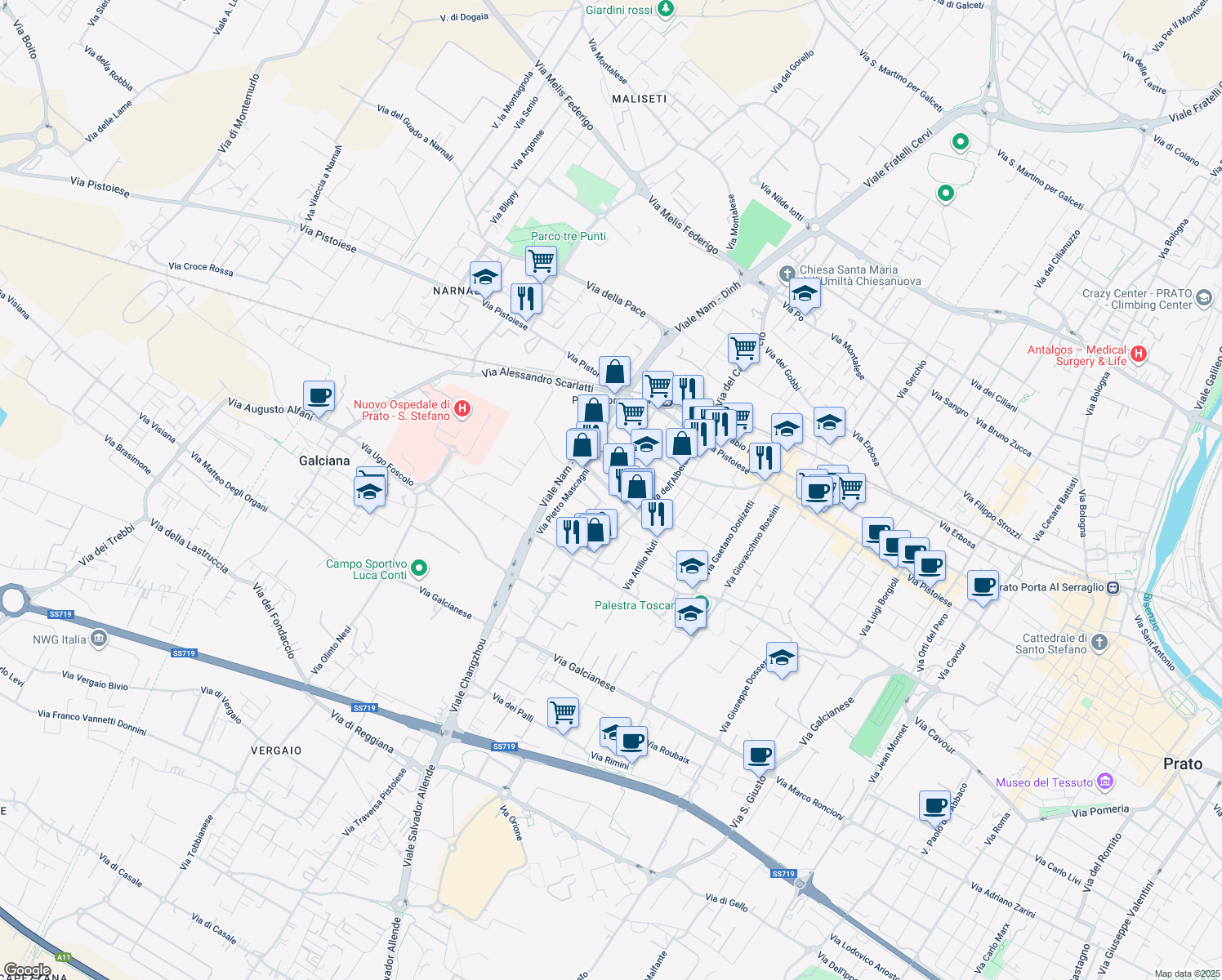 map of restaurants, bars, coffee shops, grocery stores, and more near 2-68 Via Antonio Vivaldi in Prato
