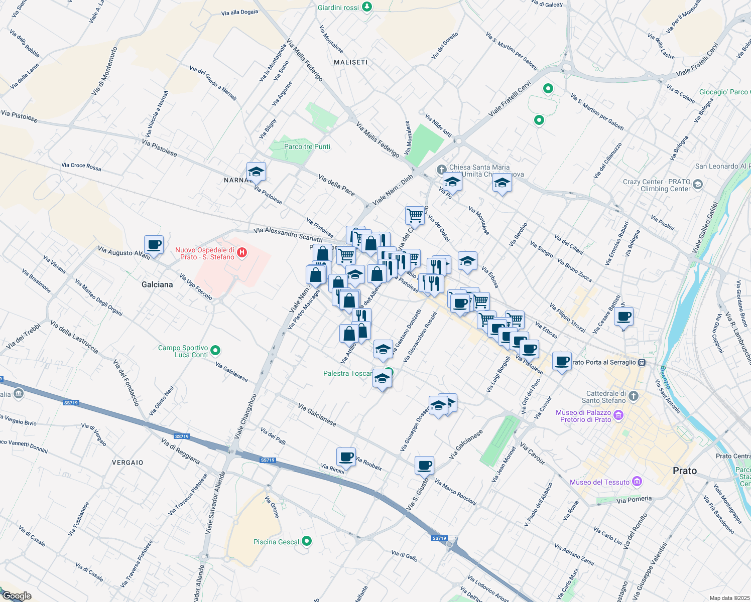 map of restaurants, bars, coffee shops, grocery stores, and more near 57 Via Giuseppe Becherini in Prato