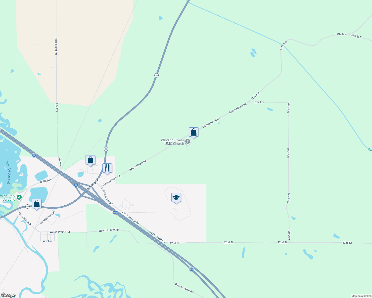 map of restaurants, bars, coffee shops, grocery stores, and more near 6772 Germantown Road in New Lisbon