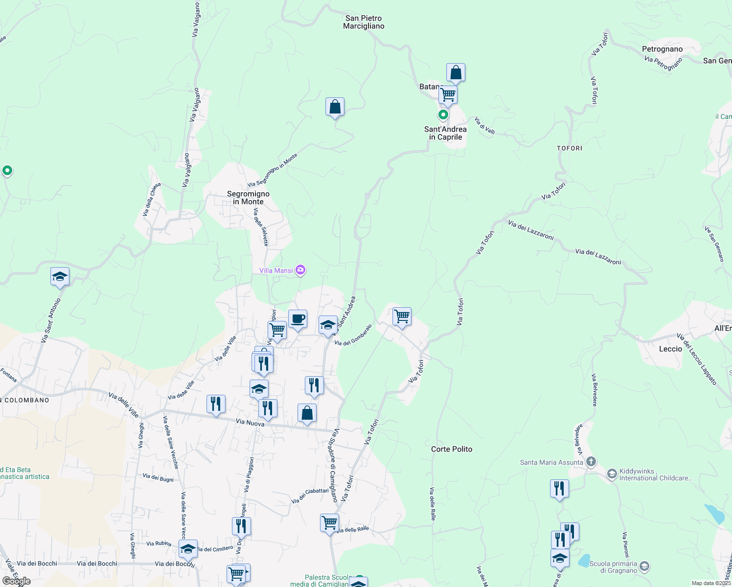 map of restaurants, bars, coffee shops, grocery stores, and more near 3 Via della Chiesa Camigliano in Province of Lucca