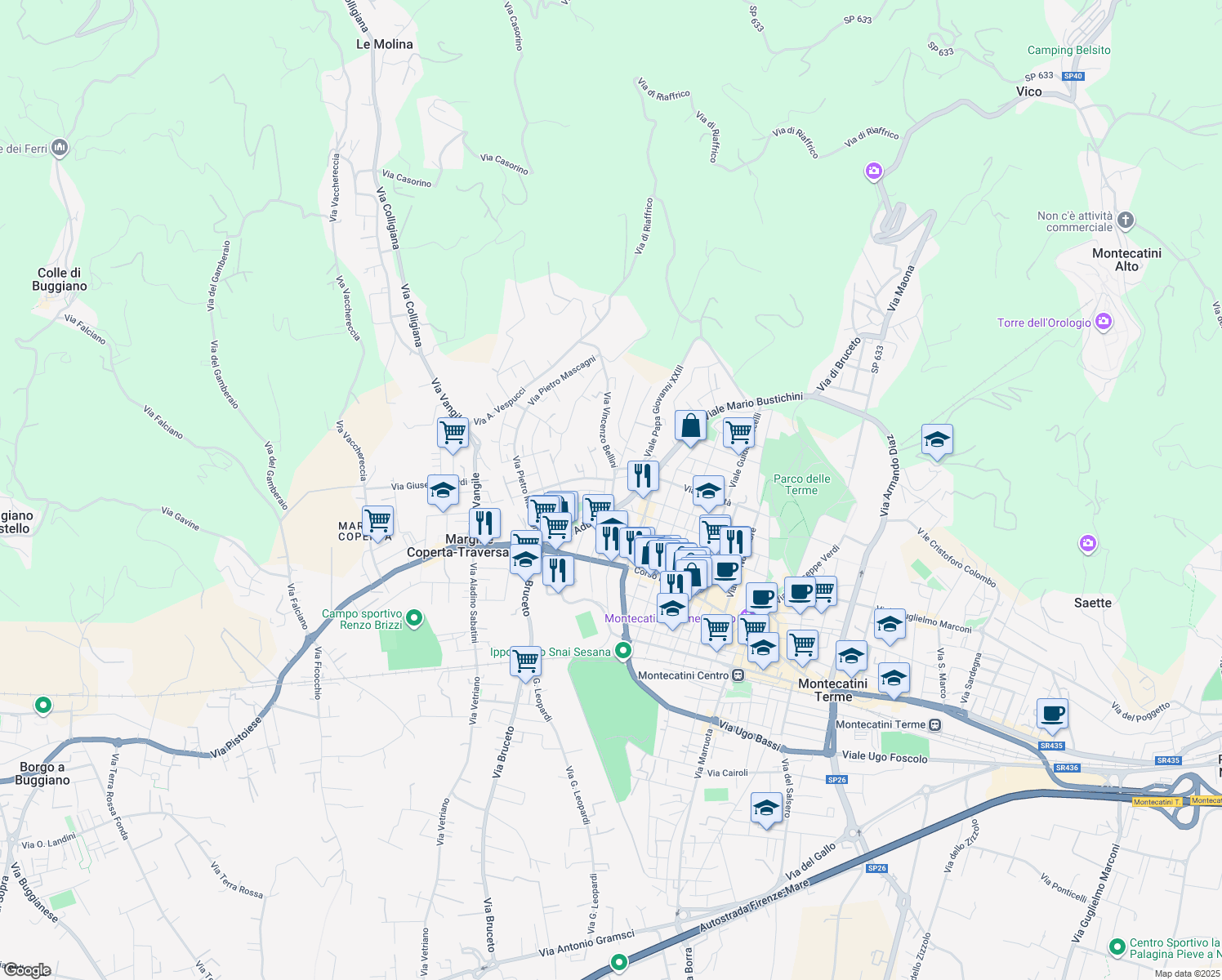 map of restaurants, bars, coffee shops, grocery stores, and more near 7 Via Vincenzo Bellini in Montecatini Terme