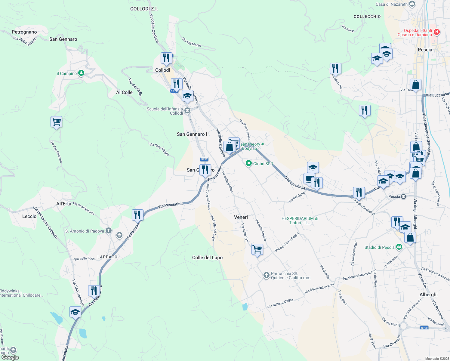 map of restaurants, bars, coffee shops, grocery stores, and more near 34 Via delle Molina in Collodi