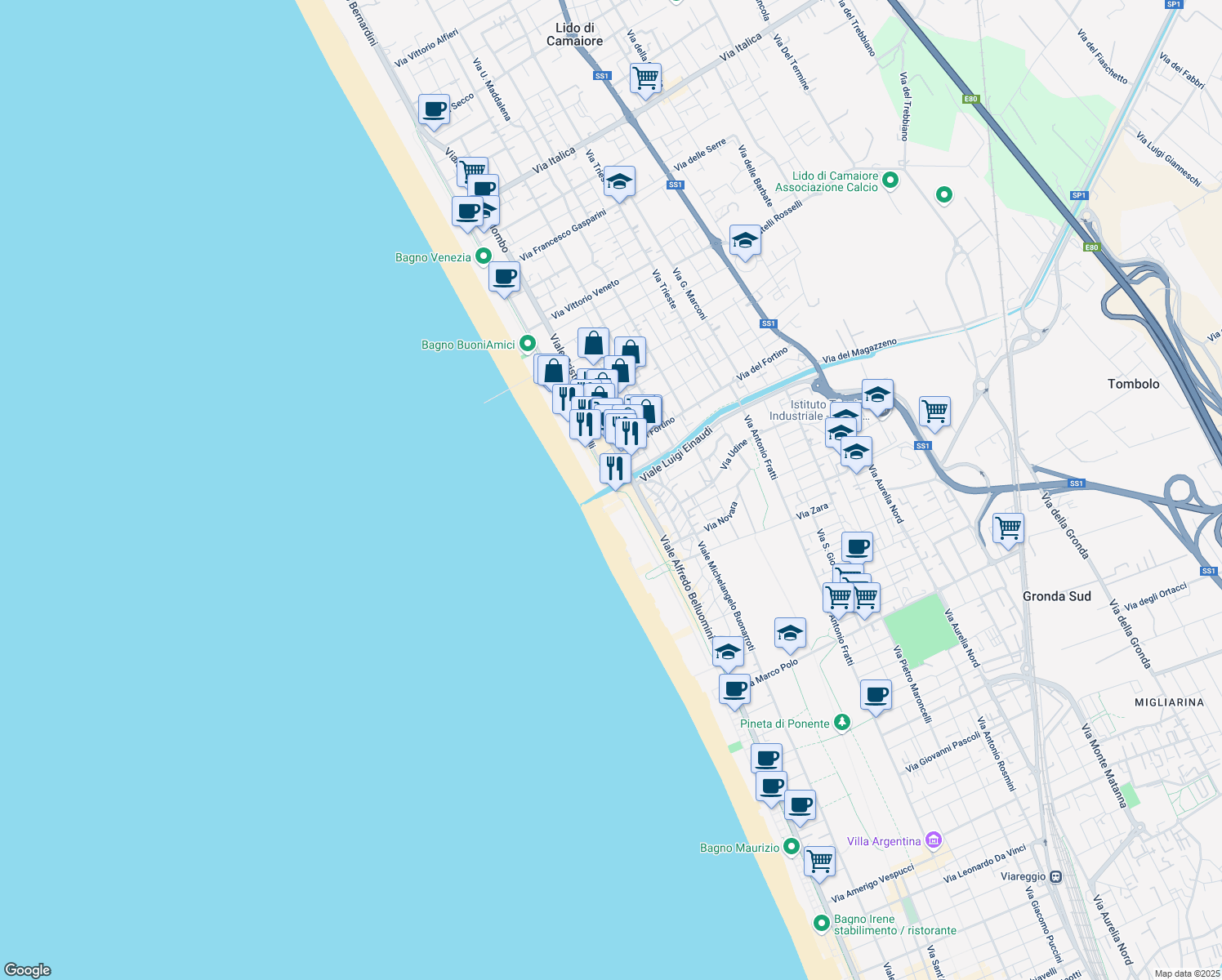 map of restaurants, bars, coffee shops, grocery stores, and more near 23 Terrazza della Repubblica in Camaiore