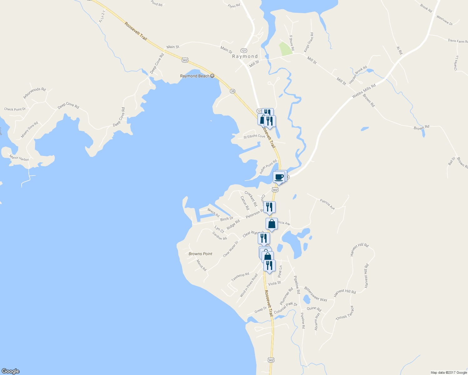 map of restaurants, bars, coffee shops, grocery stores, and more near 45 Crockett Road in Raymond