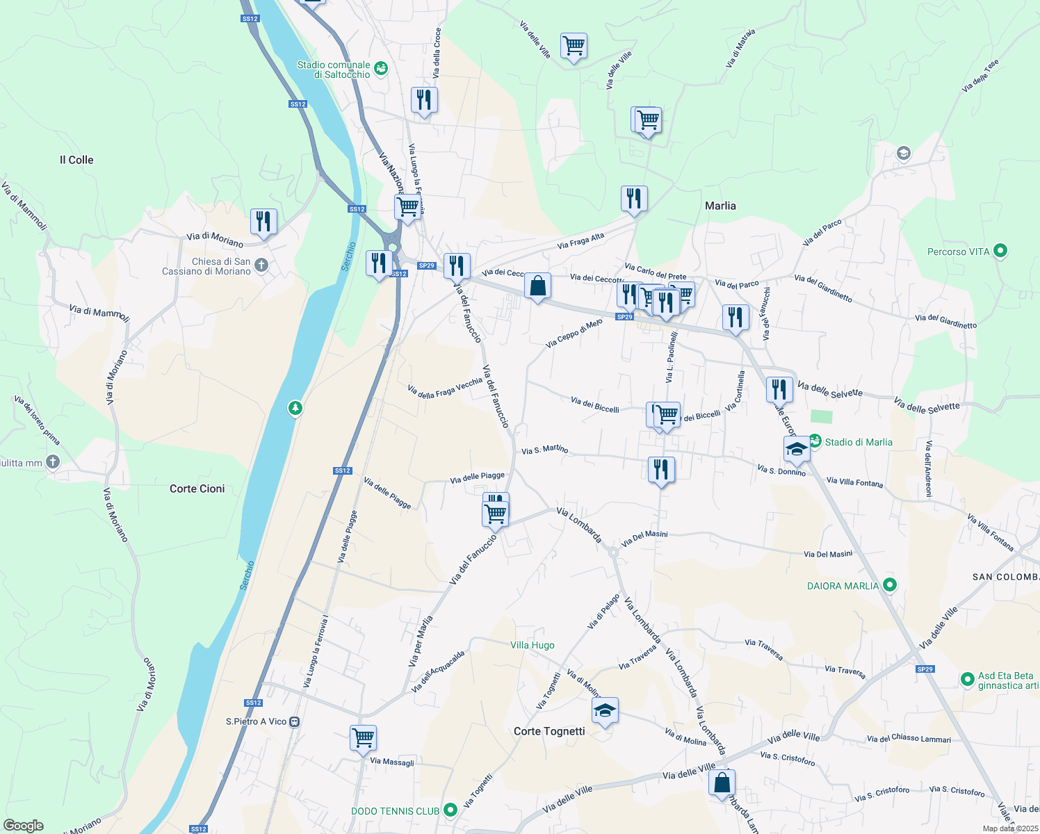 map of restaurants, bars, coffee shops, grocery stores, and more near 1 Via Ceppo di Melo in Marlia
