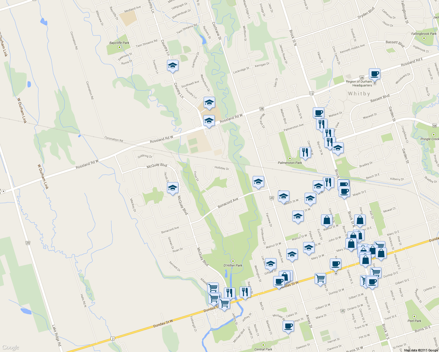 map of restaurants, bars, coffee shops, grocery stores, and more near 14 Ormandy Court in Whitby