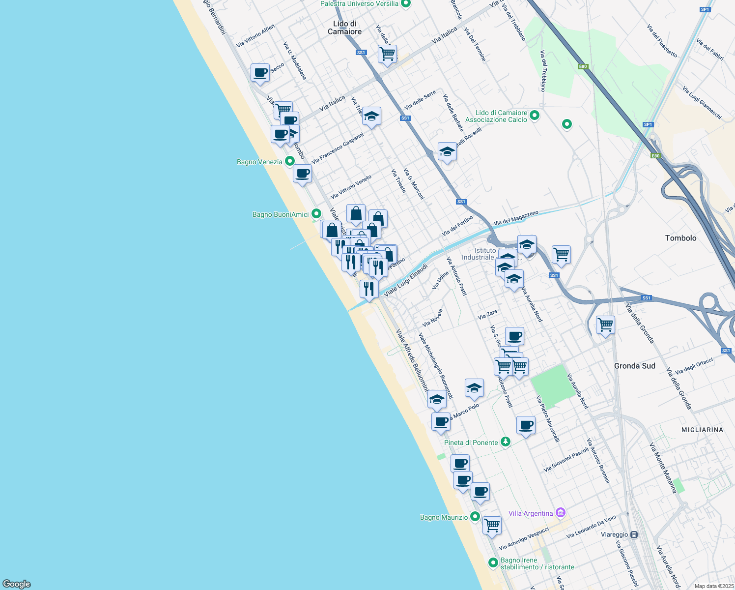 map of restaurants, bars, coffee shops, grocery stores, and more near 23 Terrazza della Repubblica in Camaiore