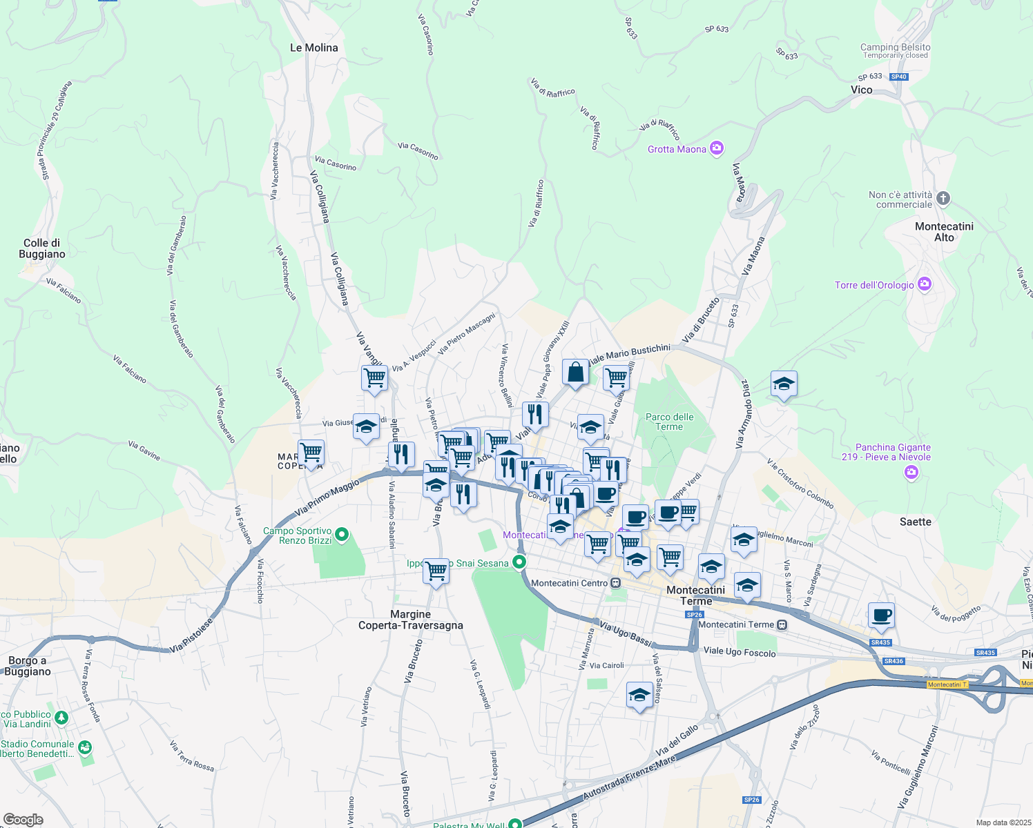 map of restaurants, bars, coffee shops, grocery stores, and more near 7 Via Vincenzo Bellini in Montecatini Terme