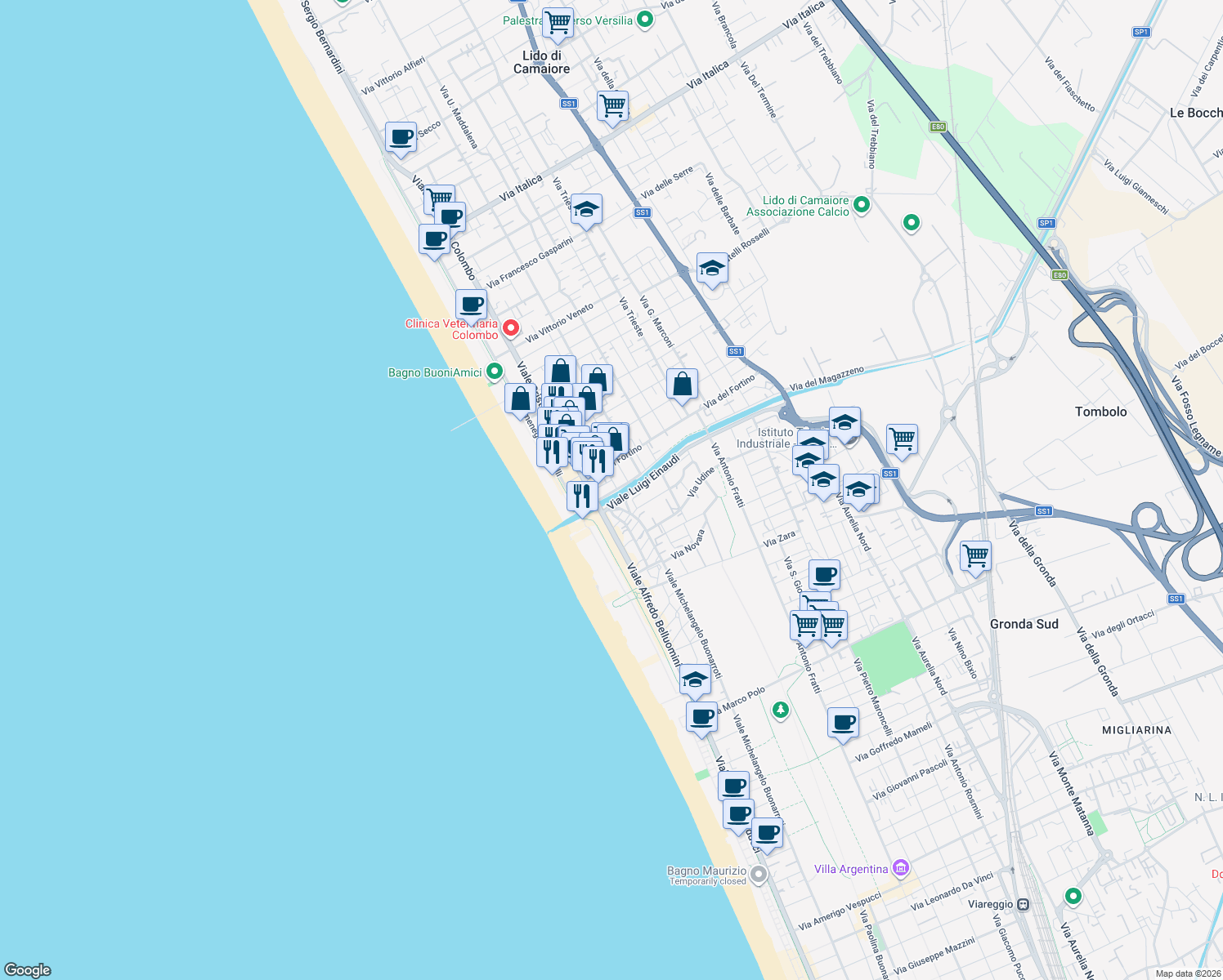 map of restaurants, bars, coffee shops, grocery stores, and more near 9 Via Giovanni Pascoli in Camaiore