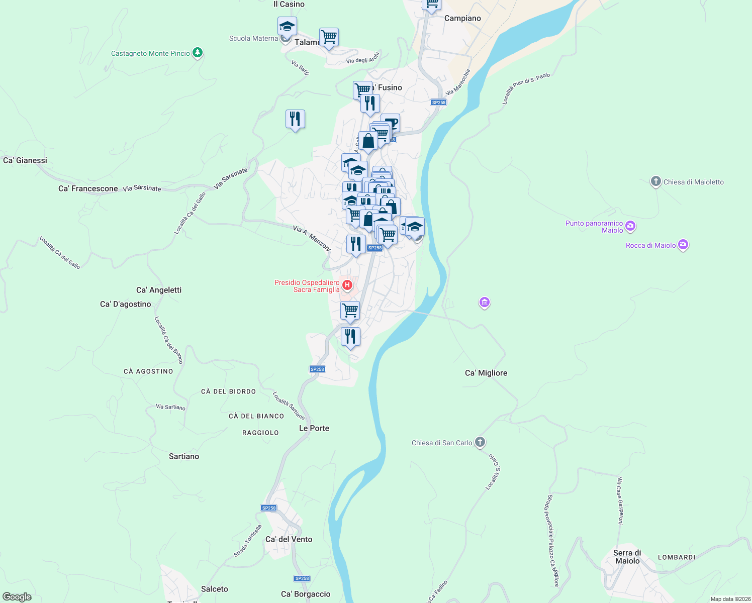 map of restaurants, bars, coffee shops, grocery stores, and more near 18 Via II Giugno in Novafeltria