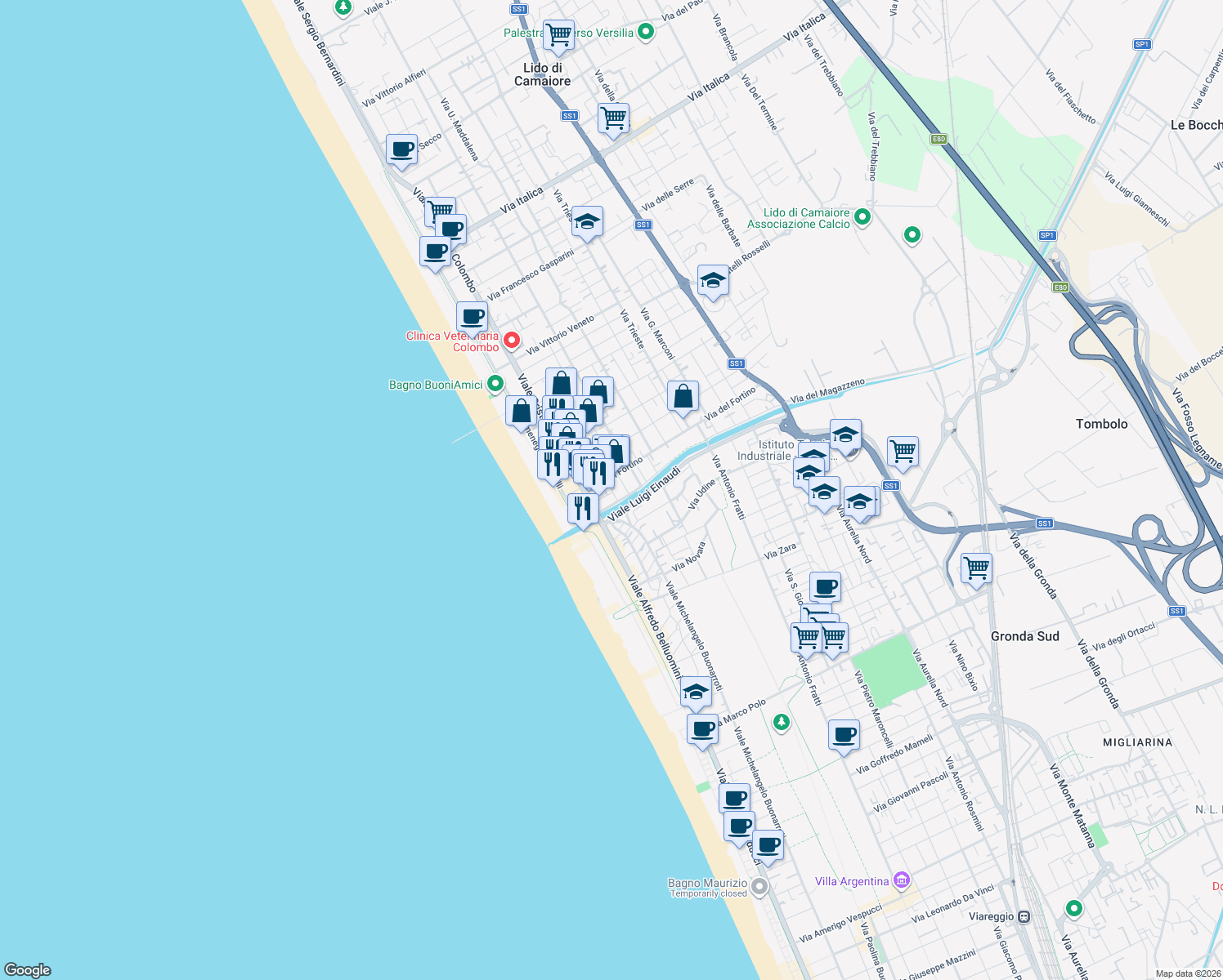 map of restaurants, bars, coffee shops, grocery stores, and more near 9 Via Giovanni Pascoli in Camaiore