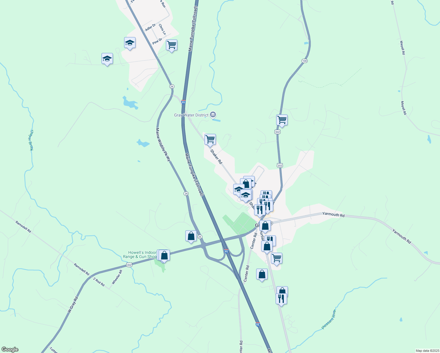 map of restaurants, bars, coffee shops, grocery stores, and more near 51 Shaker Road in Gray