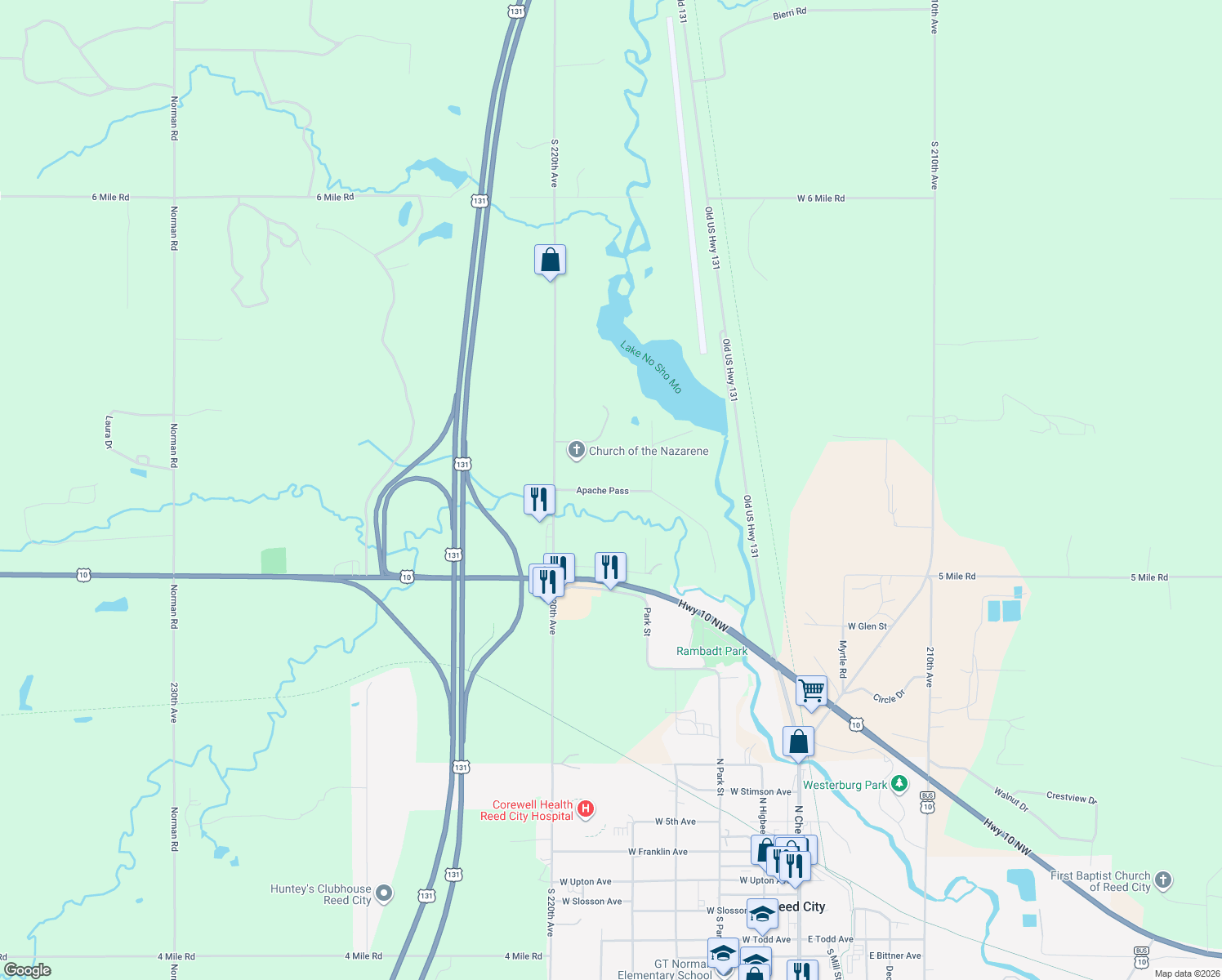 map of restaurants, bars, coffee shops, grocery stores, and more near 21849 Apache Pass in Reed City