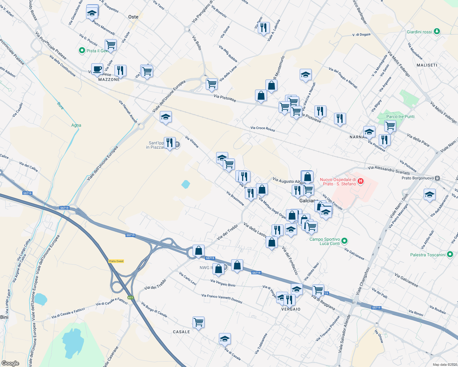 map of restaurants, bars, coffee shops, grocery stores, and more near 91 Via Visiana in Prato