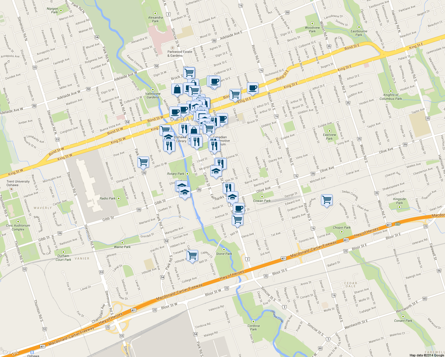 map of restaurants, bars, coffee shops, grocery stores, and more near 251 Simcoe Street South in Oshawa