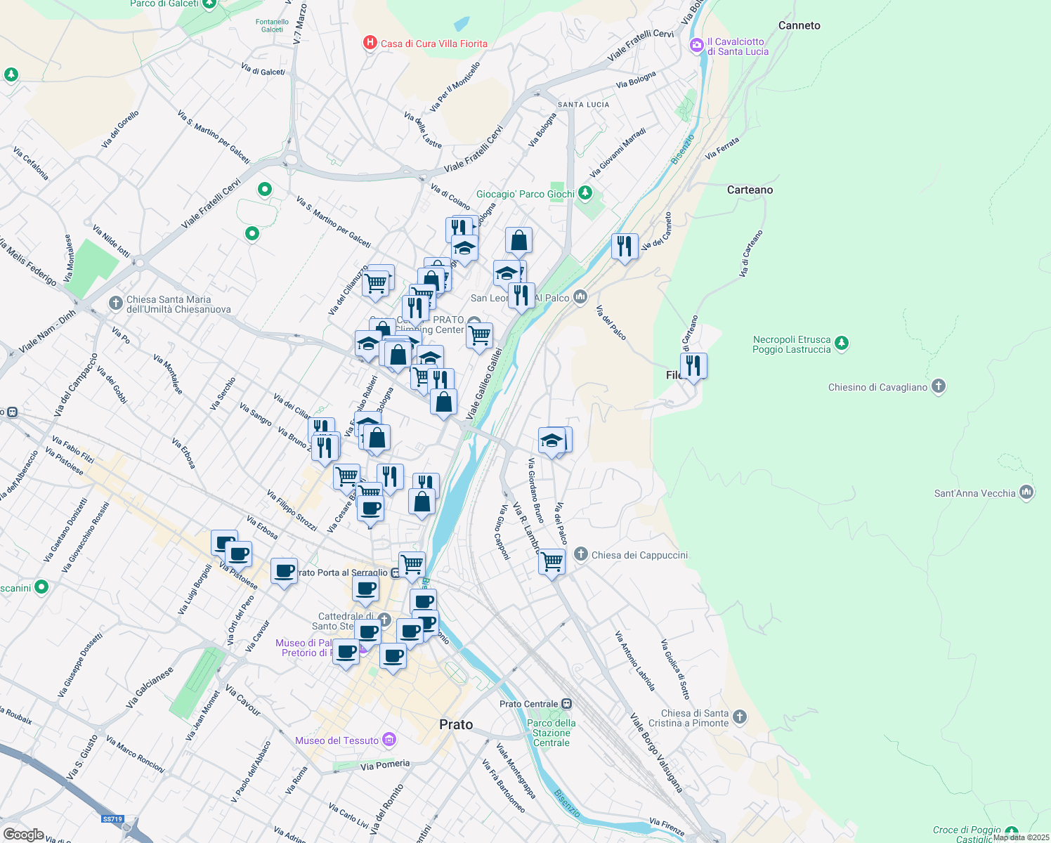 map of restaurants, bars, coffee shops, grocery stores, and more near 46 Via Giovanni Miniati in Prato